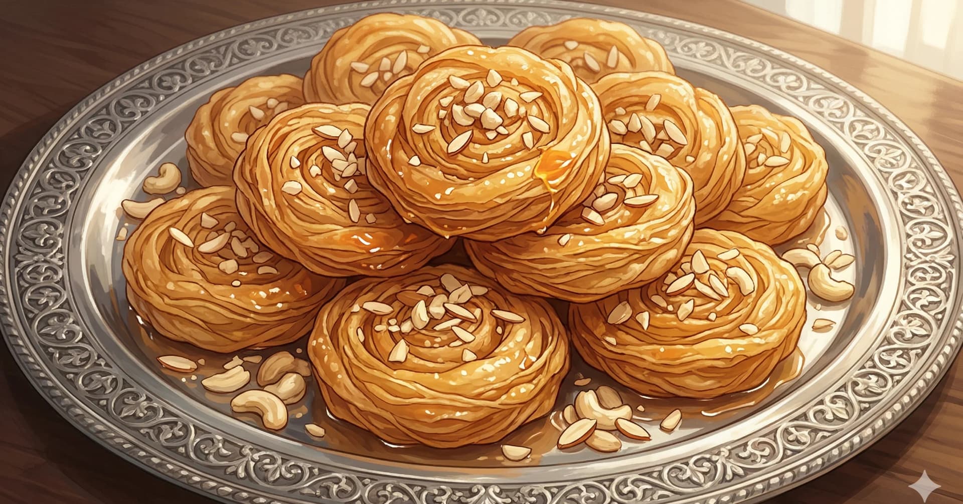 Parsi Cream Puff Pastry (Malai Nu Khaja) — Parsi nut-stuffed khoya pastry cups fried golden and soaked in sugar syrup