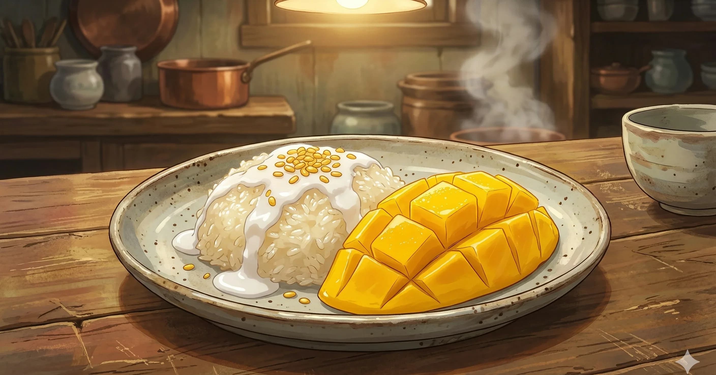 Khao Niao Mamuang (Thai Mango Sticky Rice) — Sweet coconut-soaked sticky rice with ripe mango, salted coconut cream, and crispy mung beans
