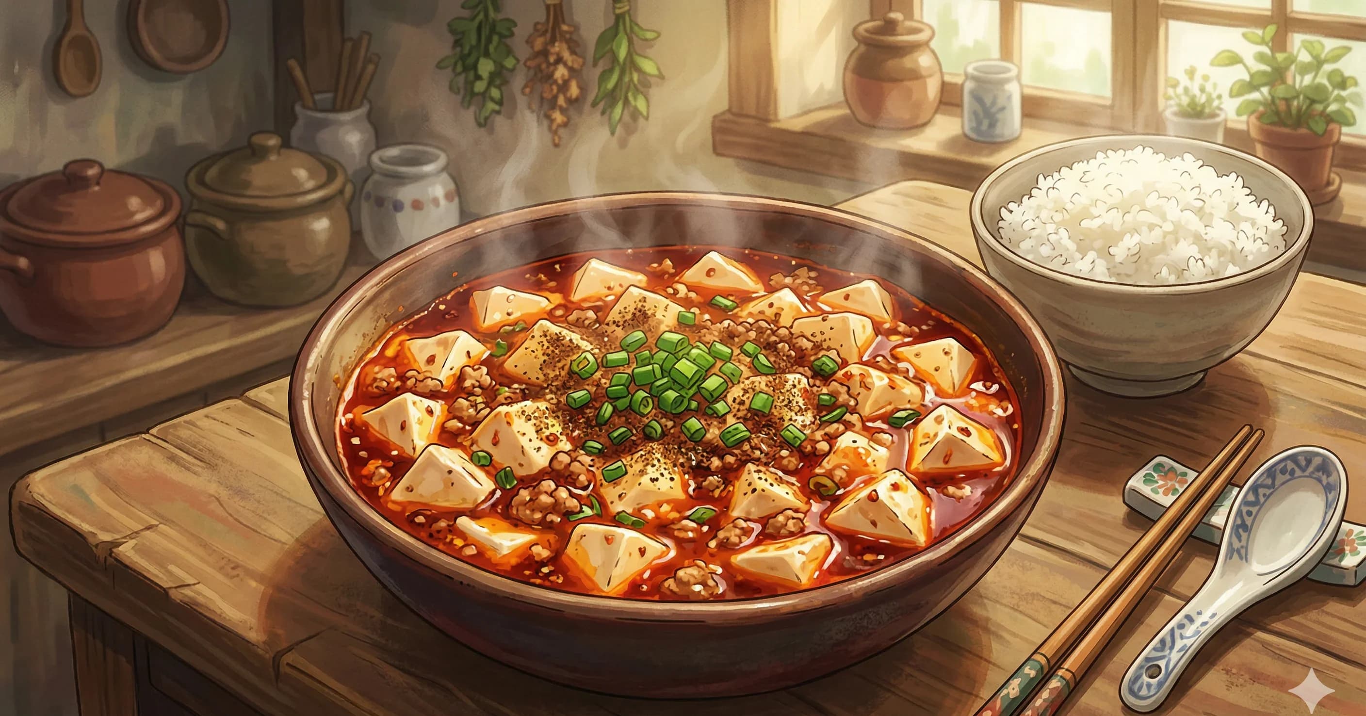 Ma Po Dou Fu (Mapo Tofu) — Sichuan's most famous tofu dish, with silky cubes in a fiery, numbing sauce of doubanjiang, ground pork, and Sichuan peppercorn