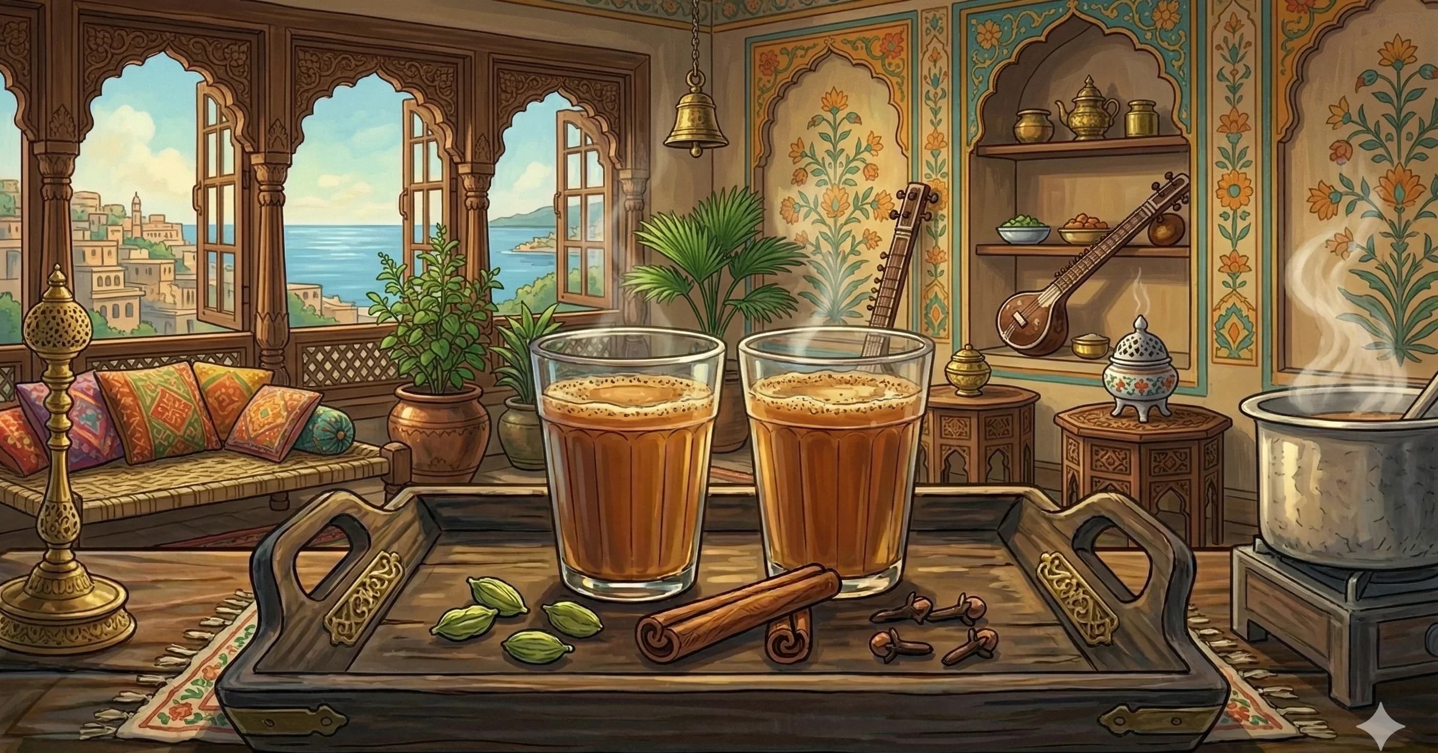 Masala Chai — Aromatic spiced tea simmered with milk and sweetened to taste