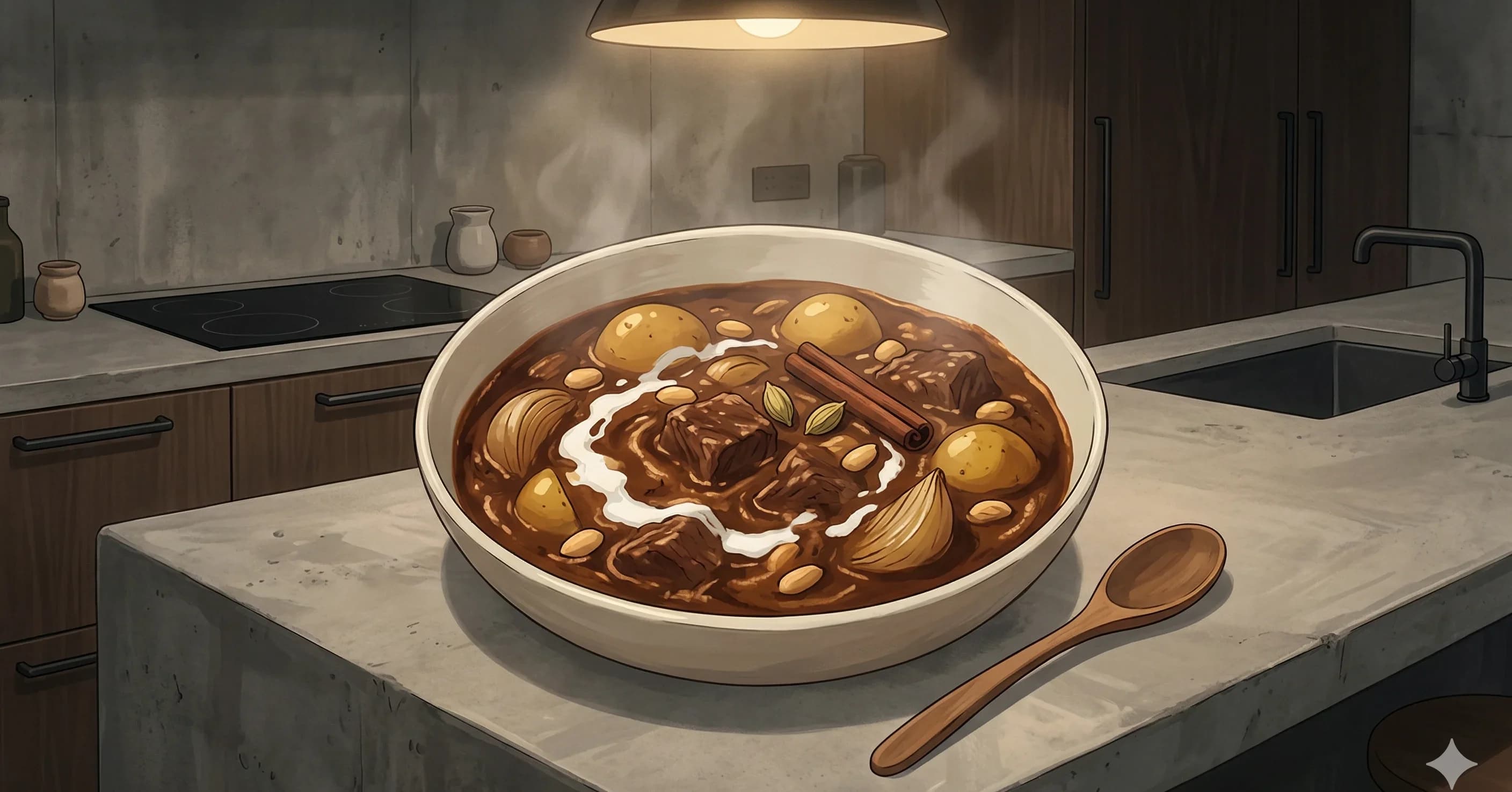 Massaman Curry (Gaeng Massaman) — A thick, aromatic Thai curry of braised chicken, tender potatoes, and roasted peanuts in spiced coconut milk with cinnamon, cardamom, and tamarind