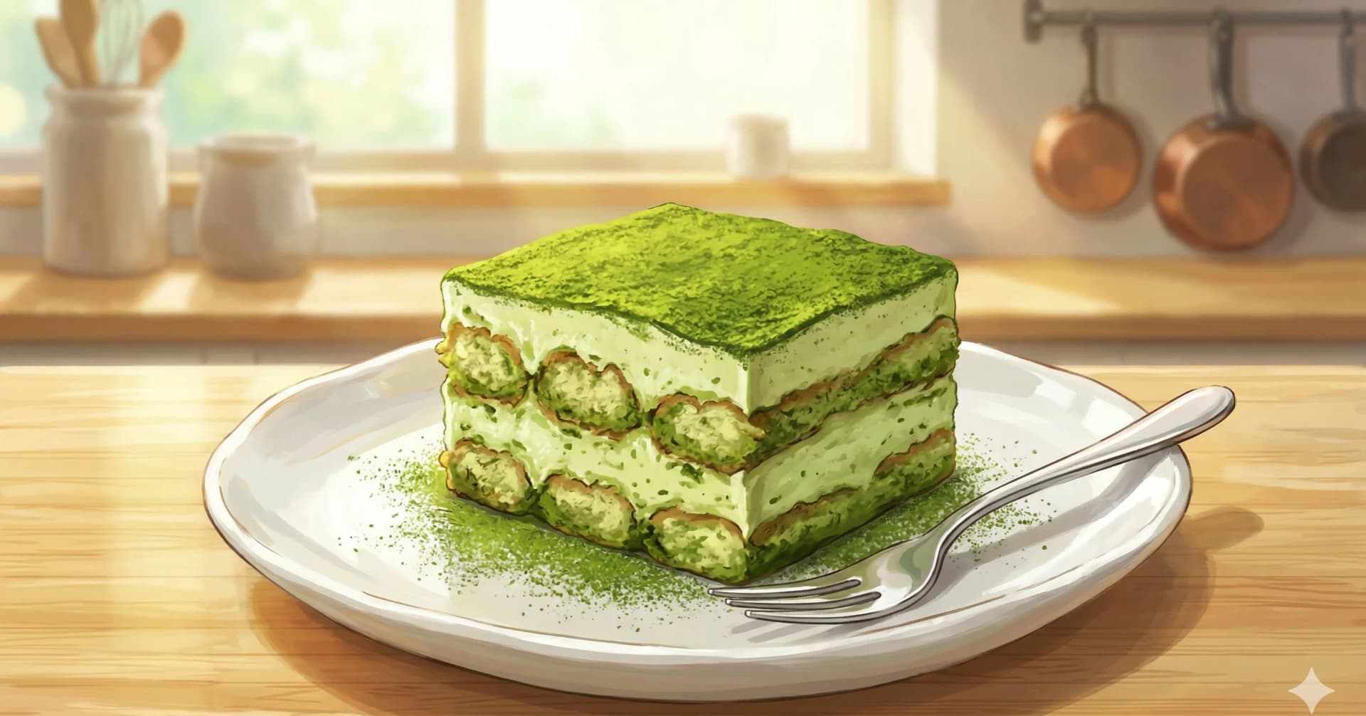 Matcha Tiramisu — A Japanese twist on the Italian classic, layering matcha-soaked ladyfingers with a light mascarpone cream dusted in vivid green tea powder