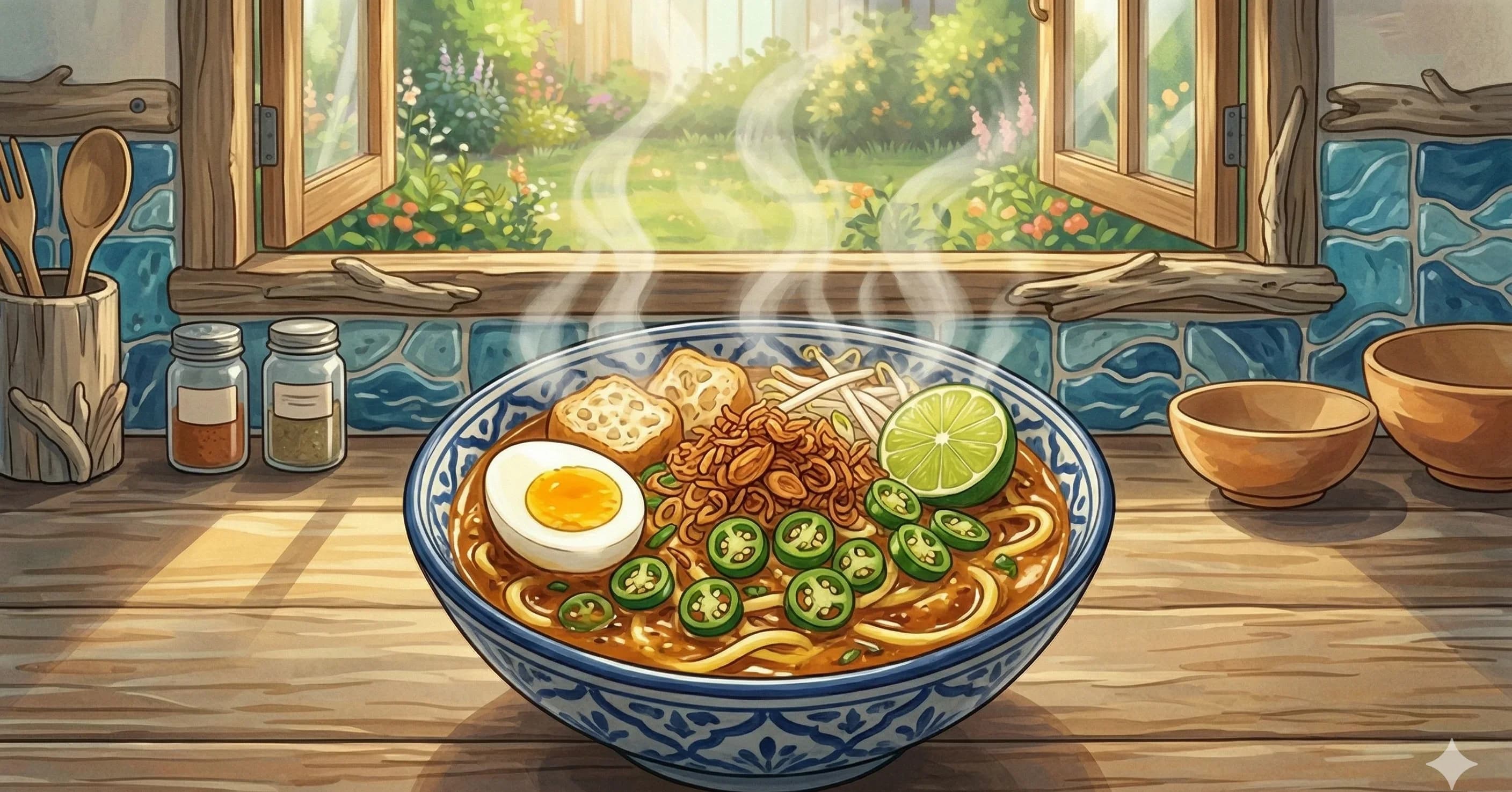 Noodles in Sweet Gravy (Mee Rebus) — Yellow noodles in a thick, spiced sweet potato gravy with hard-boiled eggs, fried tofu, and crispy shallots