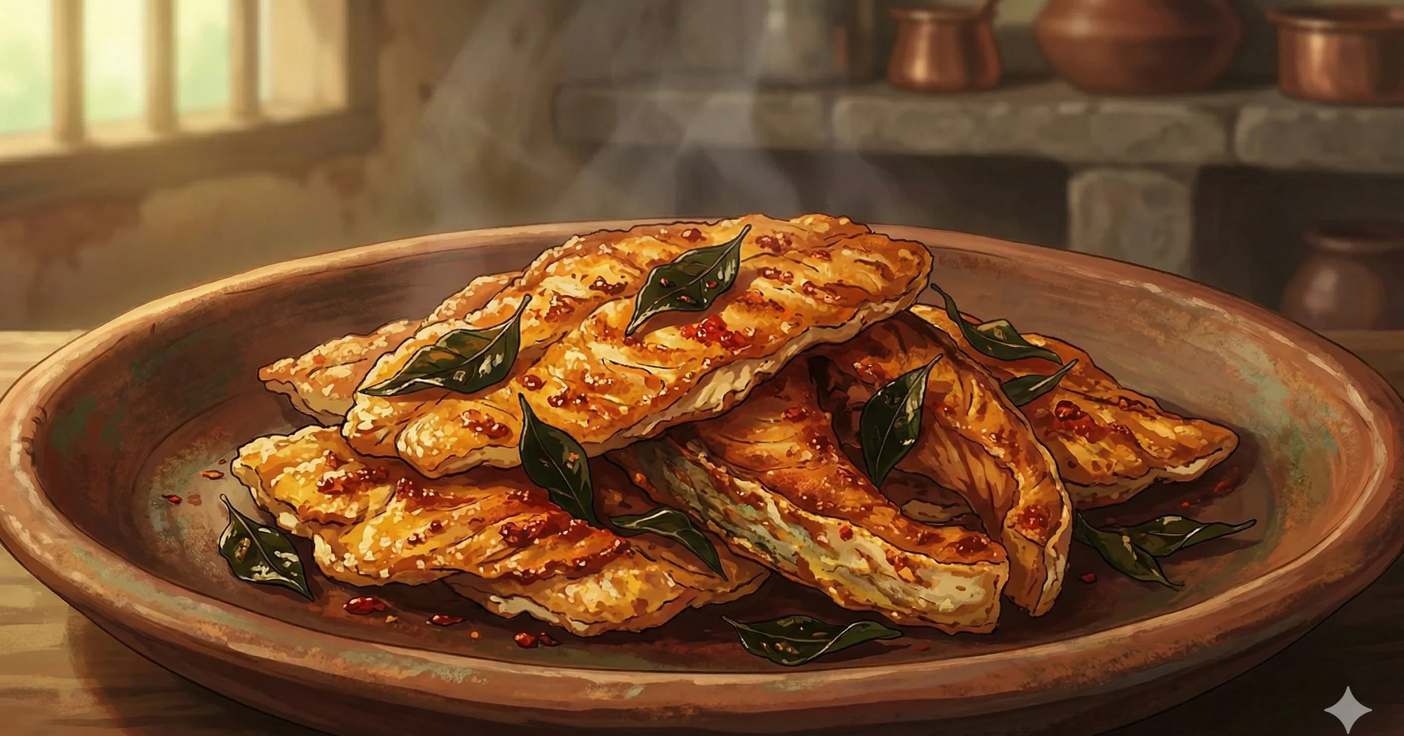 Meen Porichattu — Kerala pan-fried fish — king fish marinated in a thick red chilli-turmeric paste with vinegar, fried in coconut oil with curry leaves