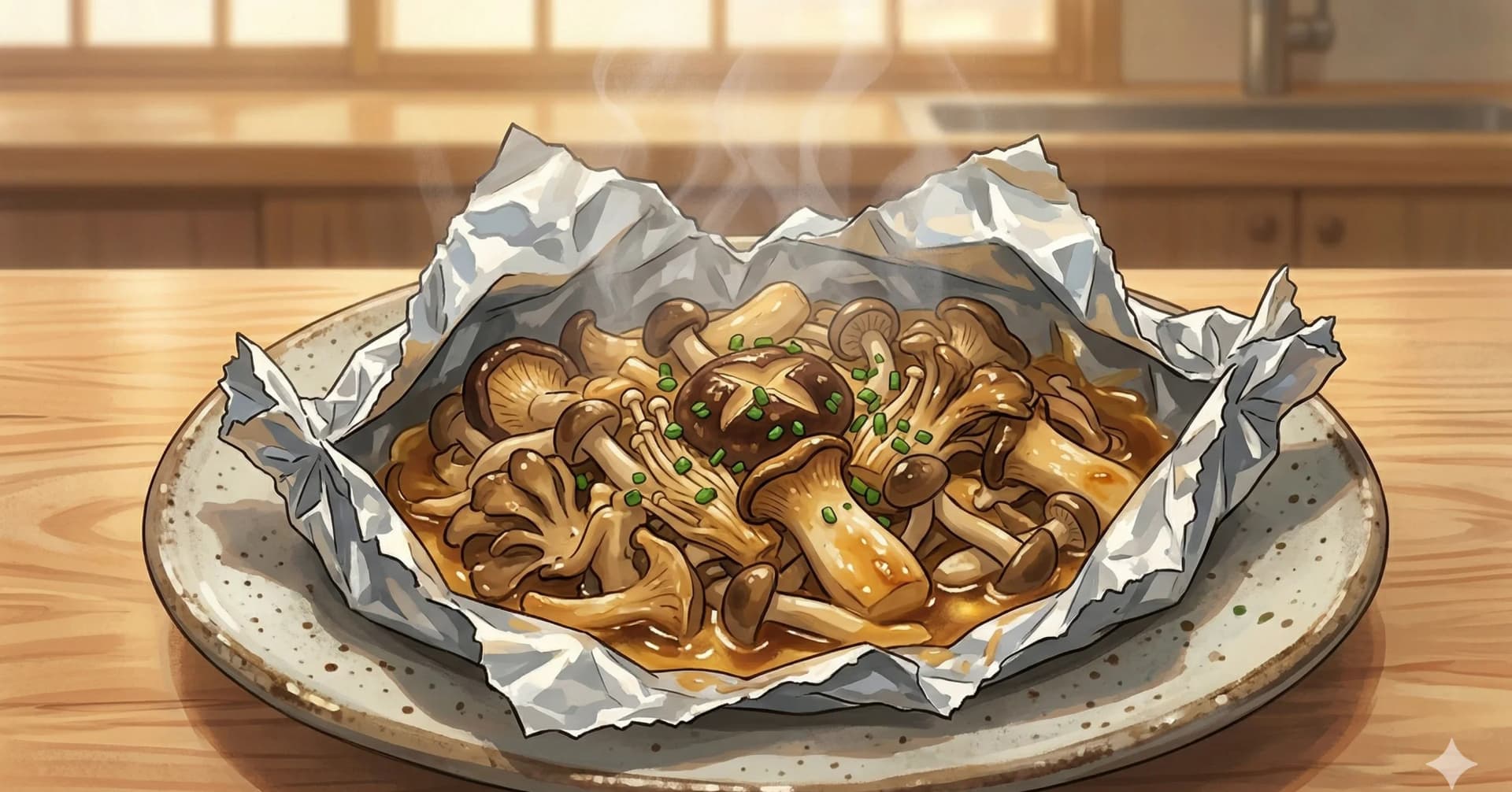 Miso Butter Mushrooms in Foil (Kinoko no Hoiru Yaki) — Five varieties of mushrooms steamed in foil packets with miso, sake, and butter, finished with a soy-butter drizzle and fresh chives