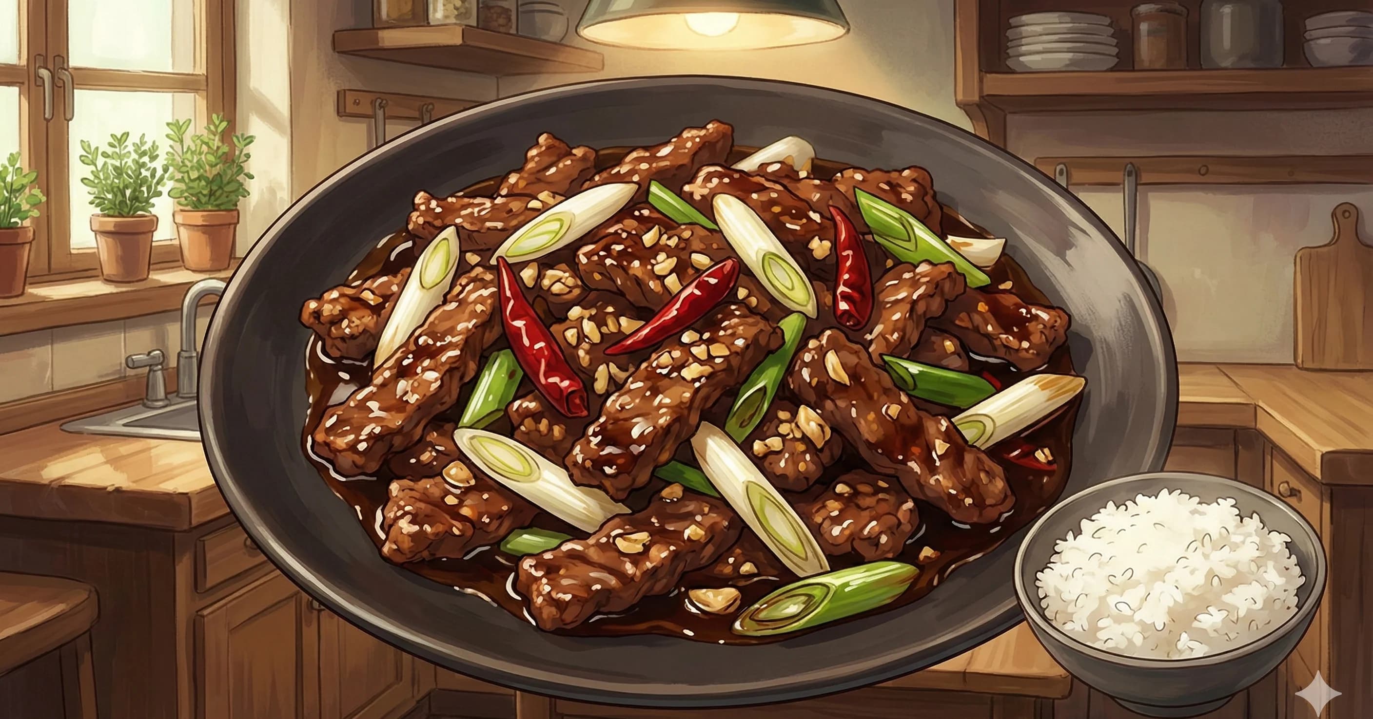 Mongolian Beef (蒙古牛肉) — Crispy cornstarch-coated flank steak in a dark soy-brown sugar sauce with garlic, ginger, dried chilies, and scallions
