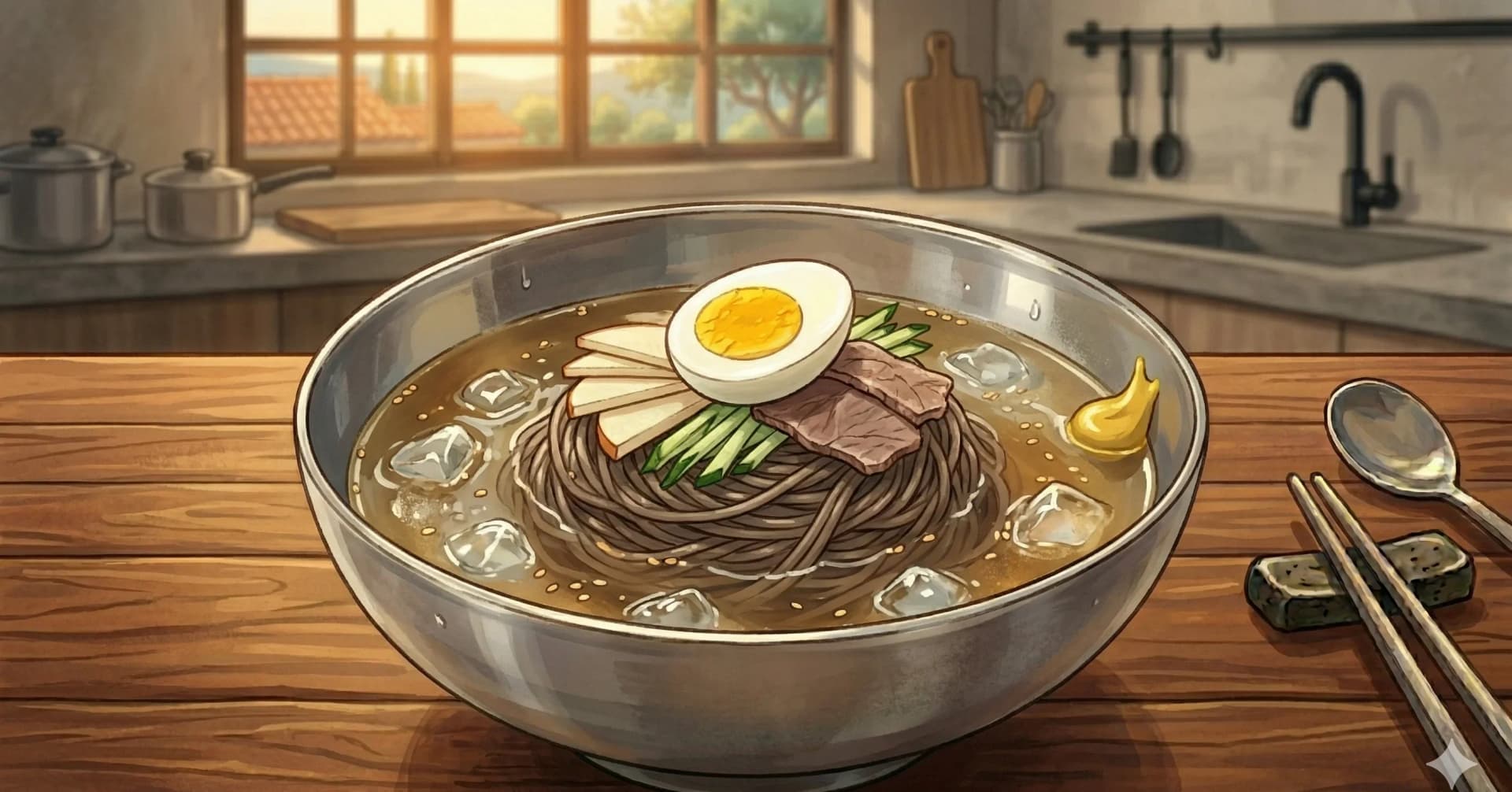Mul Naengmyeon (Fideos Fríos de Trigo Sarraceno en Caldo) — Fideos helados de trigo sarraceno en un caldo de res frío y ácido, coronados con pera rebanada y huevo cocido