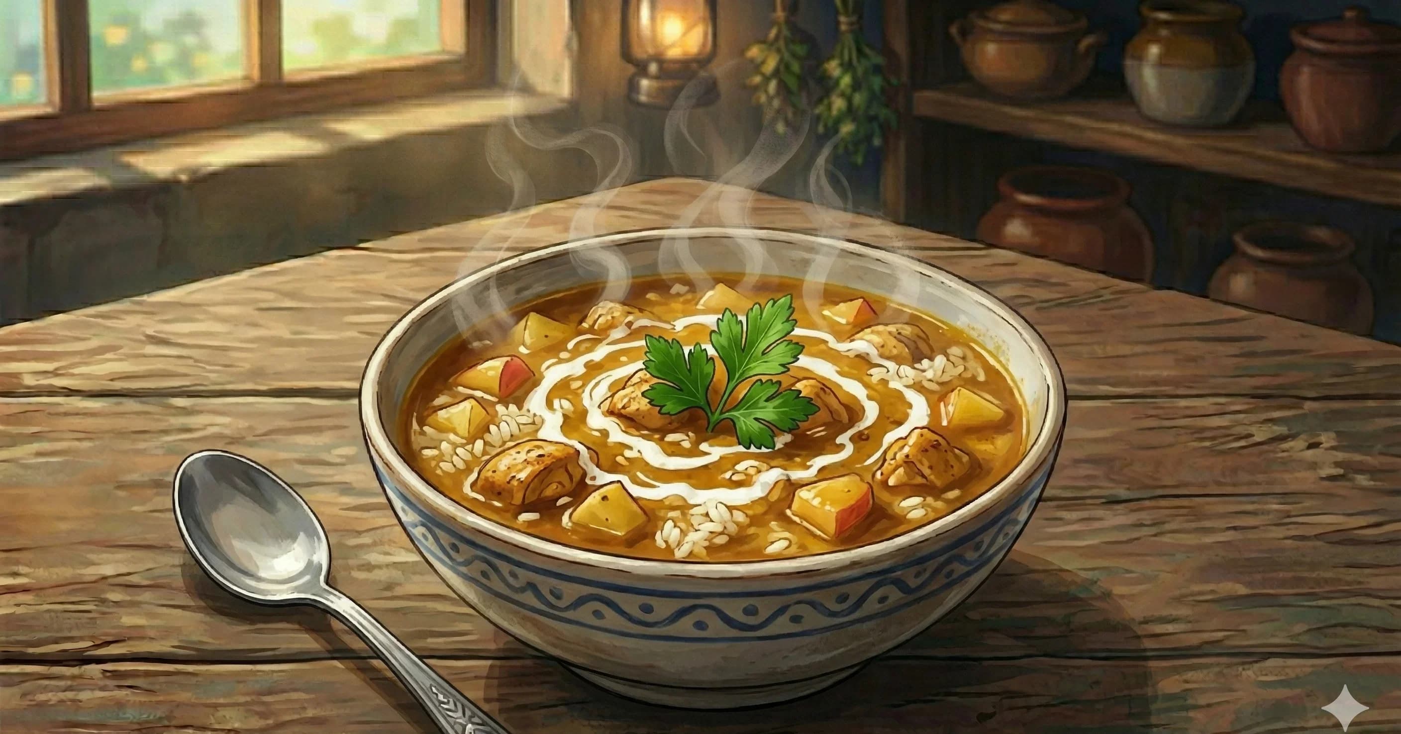 Mulligatawny Soup — The Anglo-Indian pepper water soup, a colonial adaptation of Tamil rasam thickened with butter, rice, apple, and cream, with chicken or any protein you like