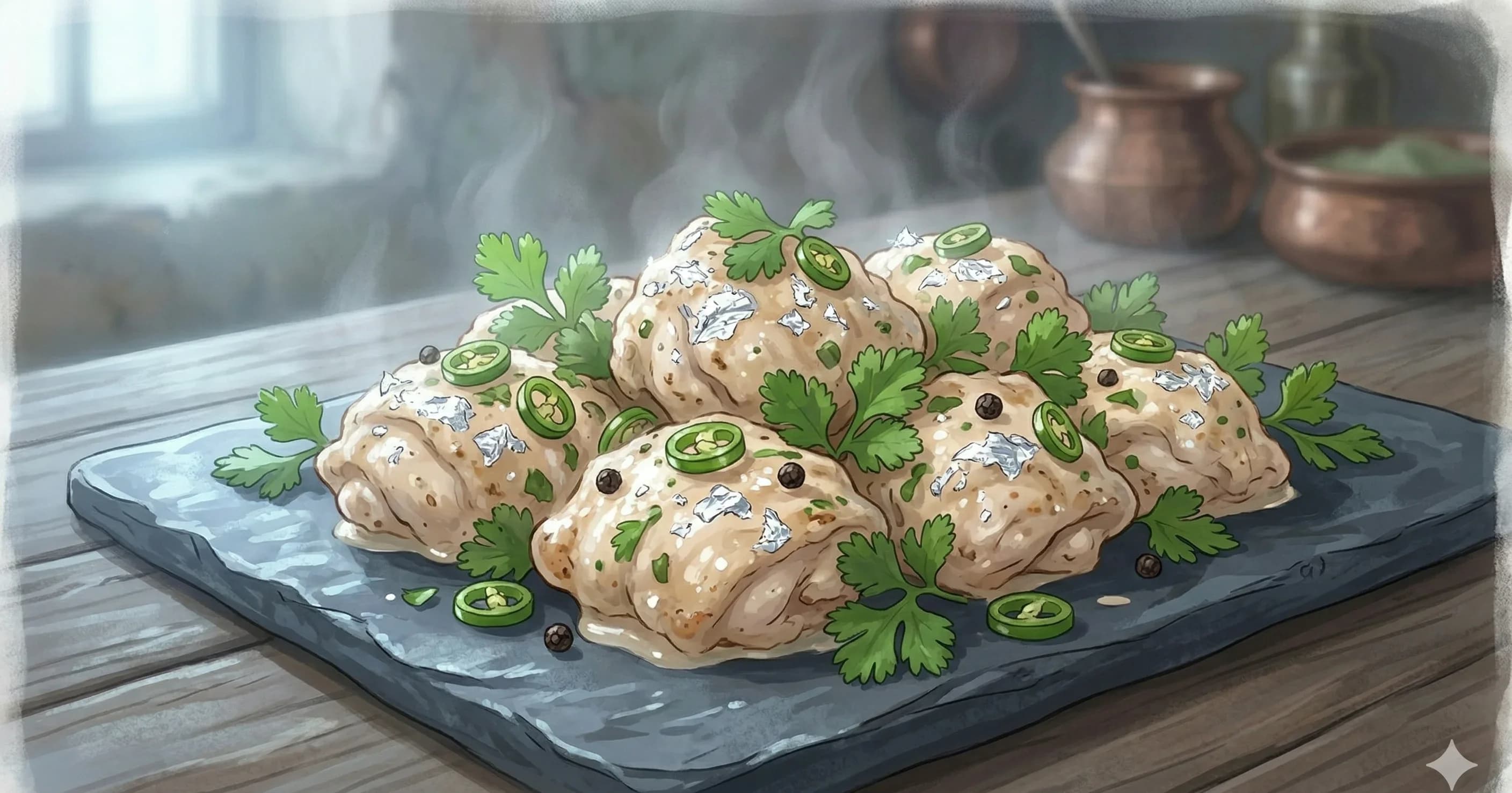 Murgh Chaandi Tikka — Silver-robed Awadhi chicken from the tandoor, finished with a veil of cream and edible silver