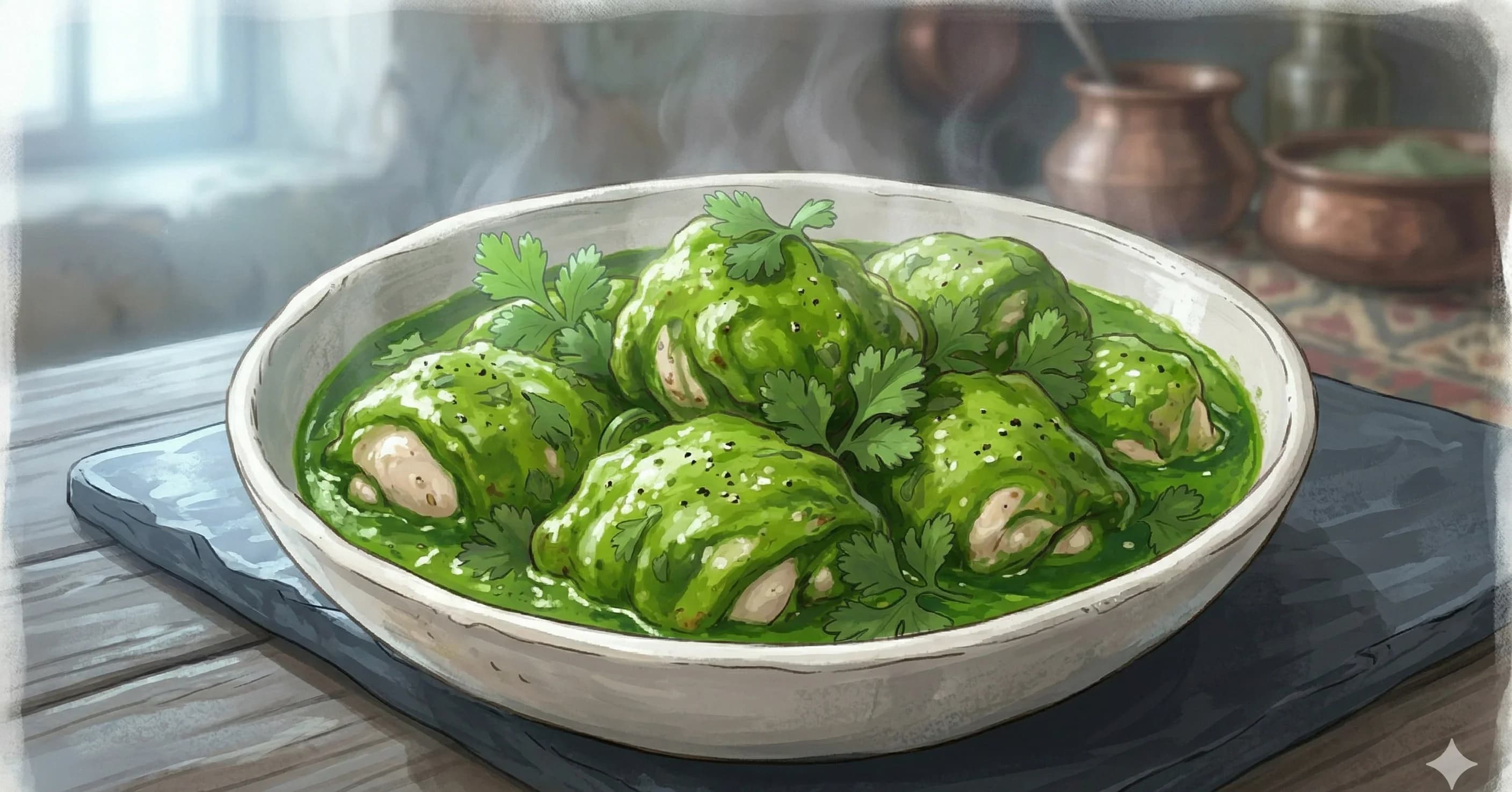 Murgh Dhaniwal Korma — Kashmiri chicken korma in a vivid green coriander and spinach gravy