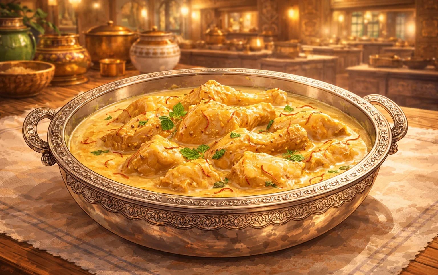 Chicken Korma — Mughal gold — chicken braised in saffron, cashew, and kewra