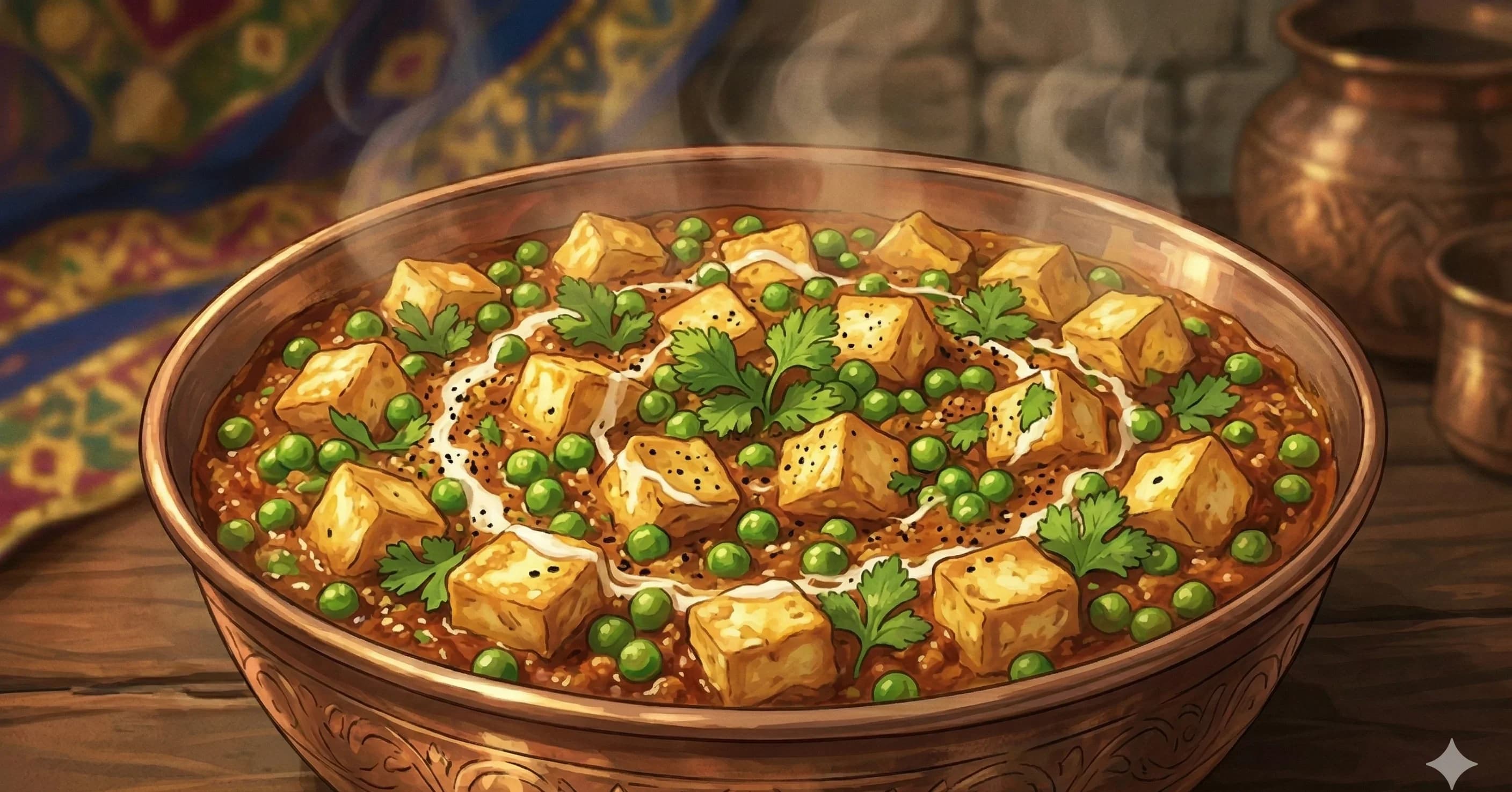 Mutter Paneer — Fresh cheese and sweet peas in a fragrant tomato masala — the everyday heart of the Punjabi kitchen