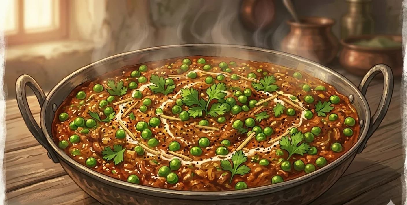 Mutton Keema — Spiced minced mutton cooked down with onions, tomatoes, and whole green chillies