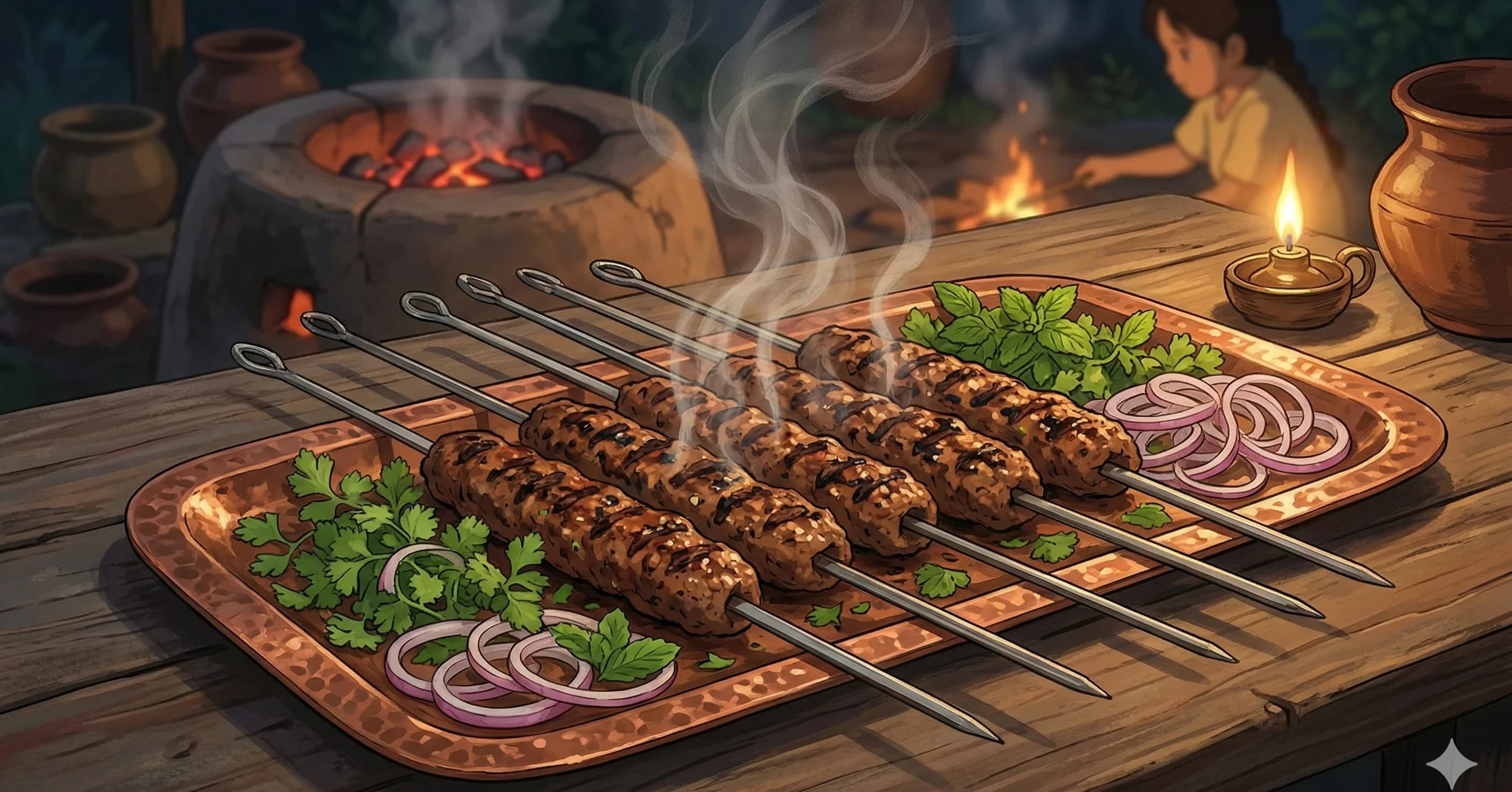 Mutton Seekh Kebab — Spiced minced mutton pressed onto skewers with raw onion, green chili, and fresh herbs, grilled over charcoal or cooked in a hot pan until charred and juicy