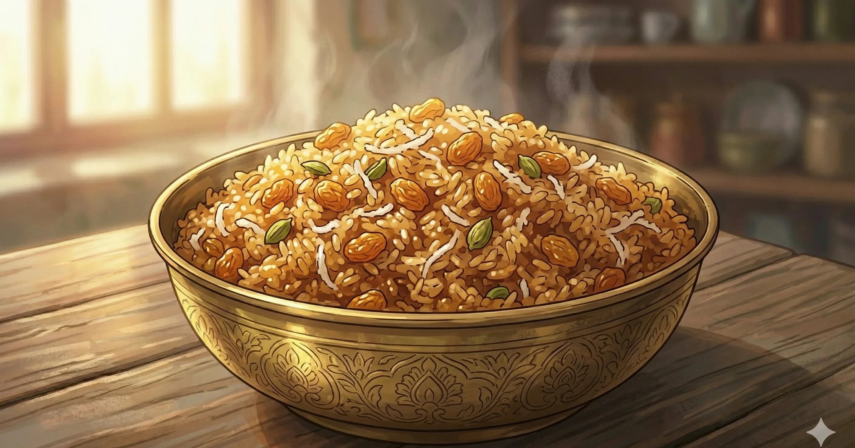 Narali Bhaat — Sweet coconut rice made on Narali Purnima — rice with fresh coconut, jaggery, cloves and pure ghee