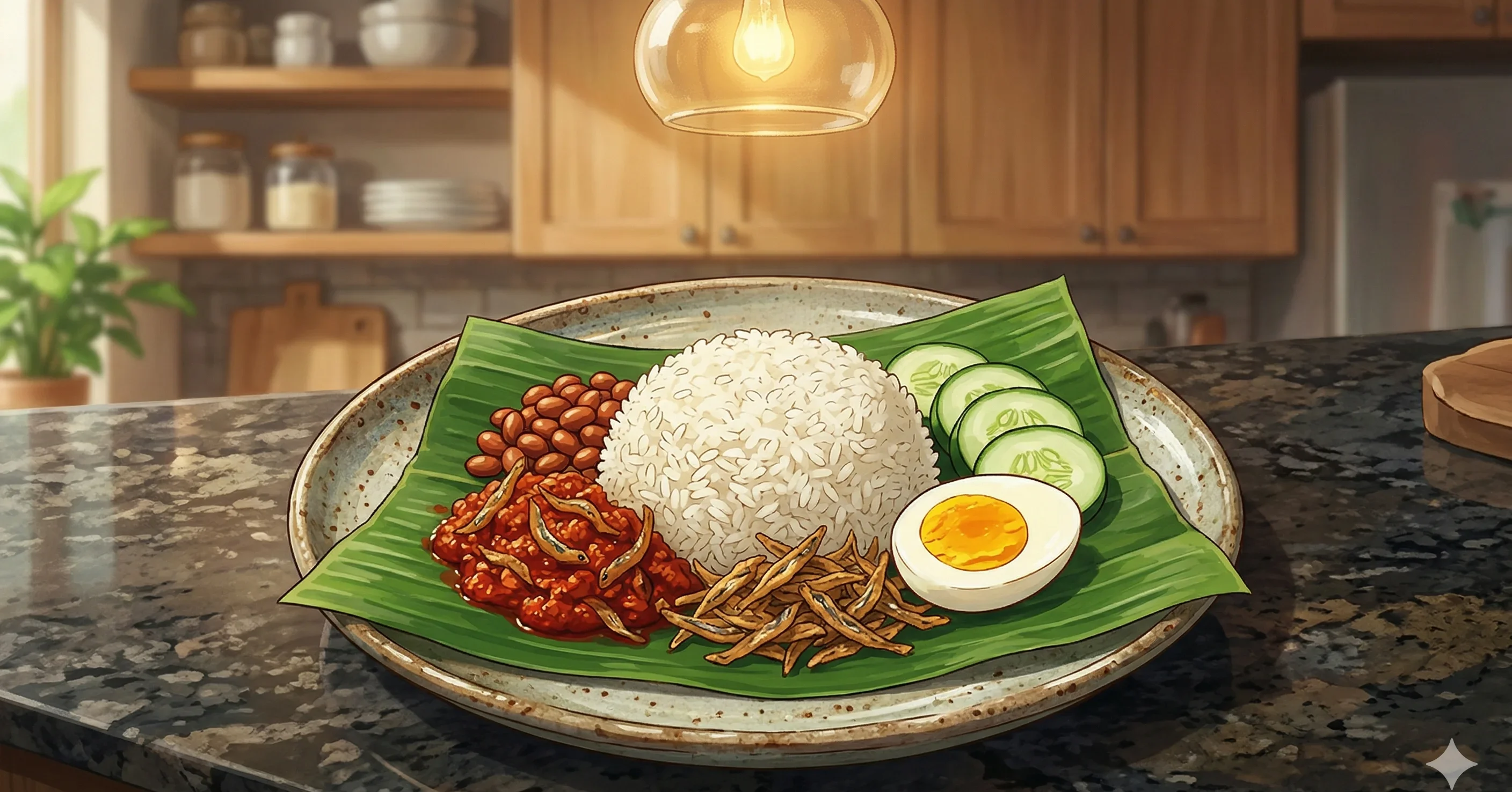 Nasi Lemak — Fragrant coconut rice with sambal ikan bilis, fried anchovies, roasted peanuts, and egg