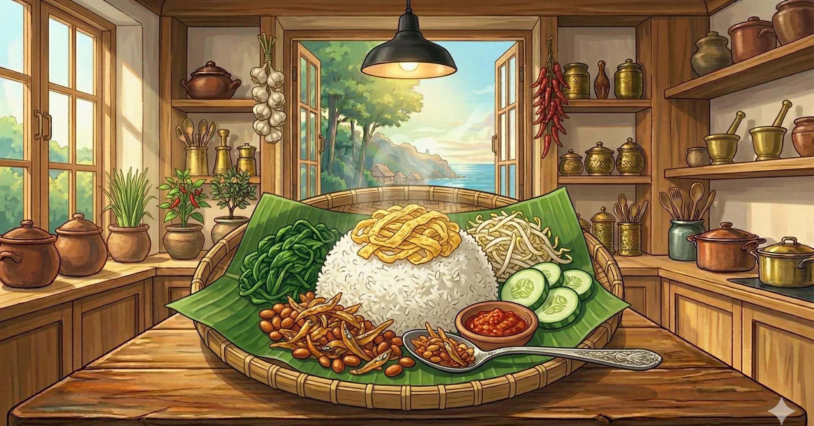 Coconut Rice (Nasi Uduk) — Betawi-style coconut rice with lemongrass, pandan, and bay leaves, served with egg strips, crispy anchovies, and roasted peanuts