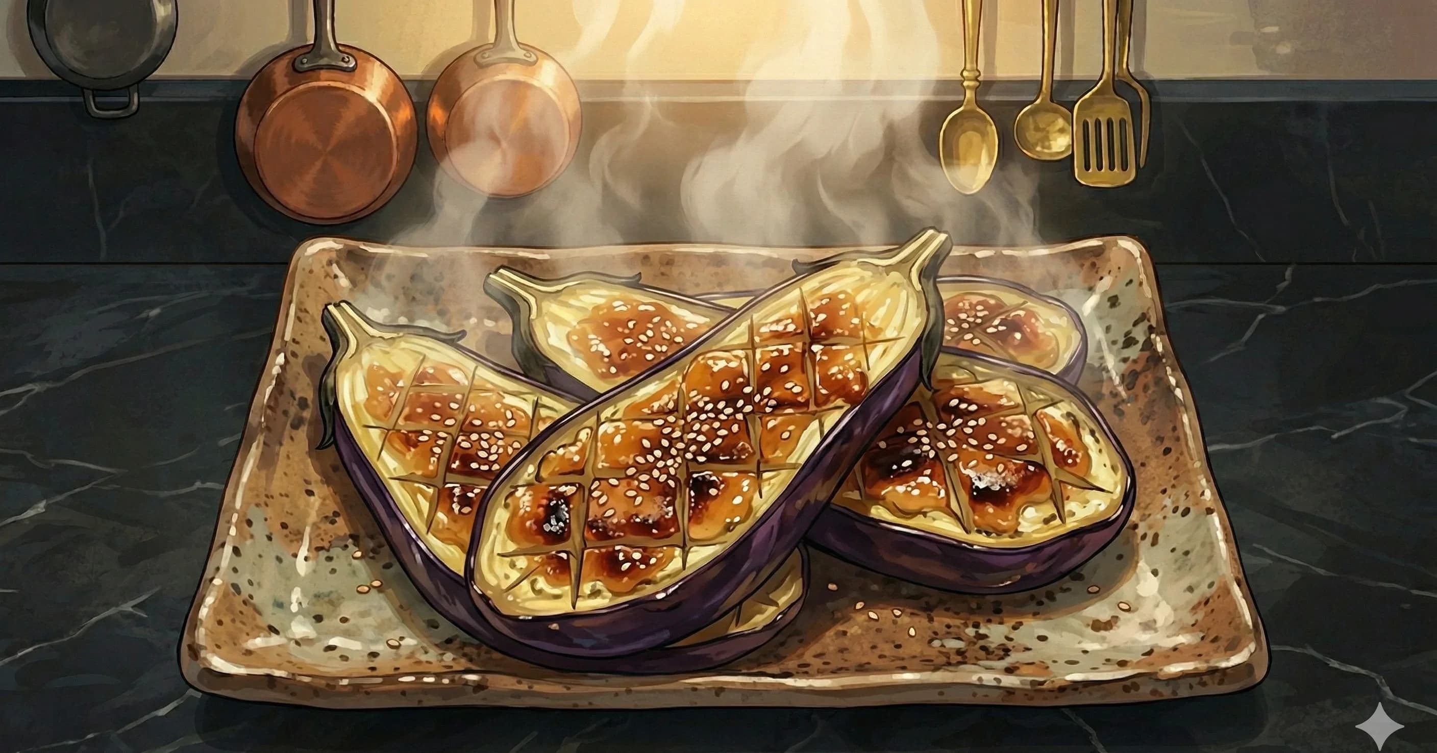 Nasu Dengaku (Miso-Glazed Eggplant) — Roasted Japanese eggplant halves crowned with a sweet, caramelized miso glaze and finished with sesame seeds