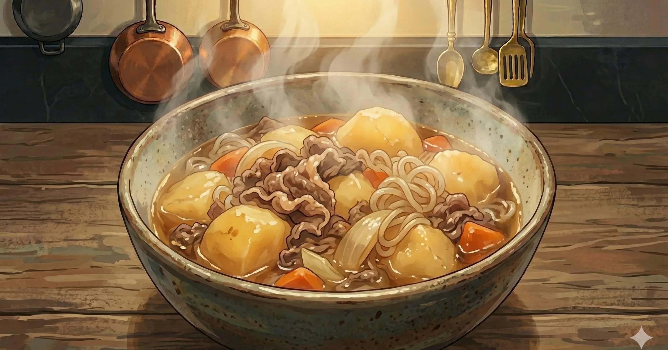 Nikujaga (Estofado Japonés de Carne y Papa) — Res finamente rebanada y papas cerosas cocidas a fuego lento en un caldo dashi dulce-salado hasta que estén tiernas y bien sazonadas