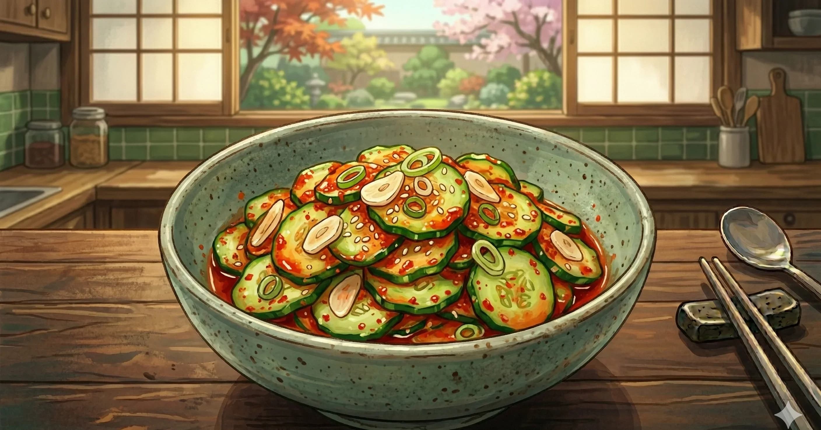 Oi Muchim (Spicy Cucumber Salad) — Thinly sliced cucumbers tossed in a tangy gochugaru dressing with sesame and garlic