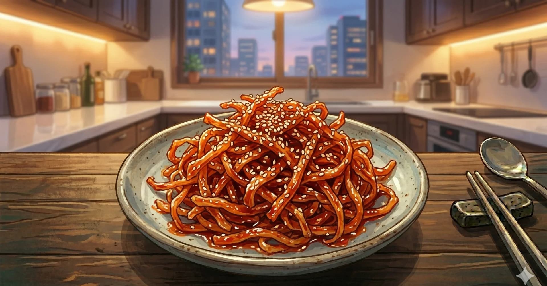 Ojingeochae Muchim (오징어채무침) — Calamar seco rallado dulce y picante mezclado con gochujang, ajo, aceite de ajonjolí y jarabe de arroz, un banchan sin cocción que se conserva semanas