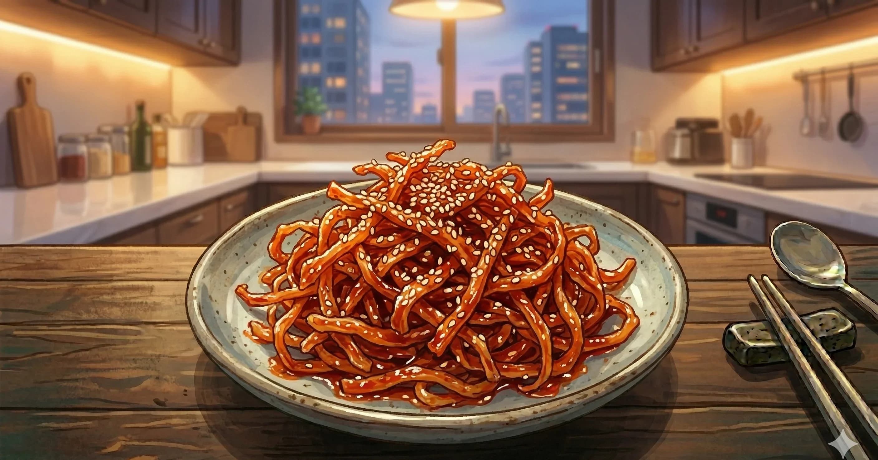 Ojingeochae Muchim (오징어채무침) — Sweet and spicy dried shredded squid tossed in gochujang, garlic, sesame oil, and rice syrup, a no-cook banchan that keeps for weeks