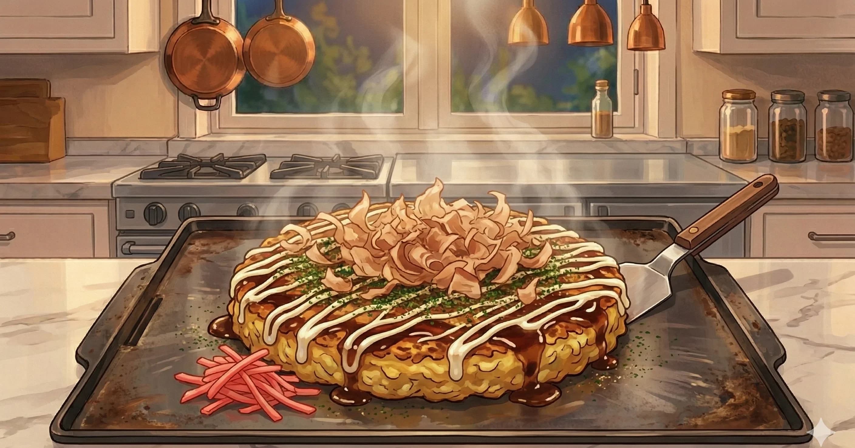 Okonomiyaki (Osaka-Style Savory Pancake) — A thick, cabbage-laden savory pancake from Osaka, laced with dashi and crowned with sweet sauce, mayo, and dancing bonito flakes