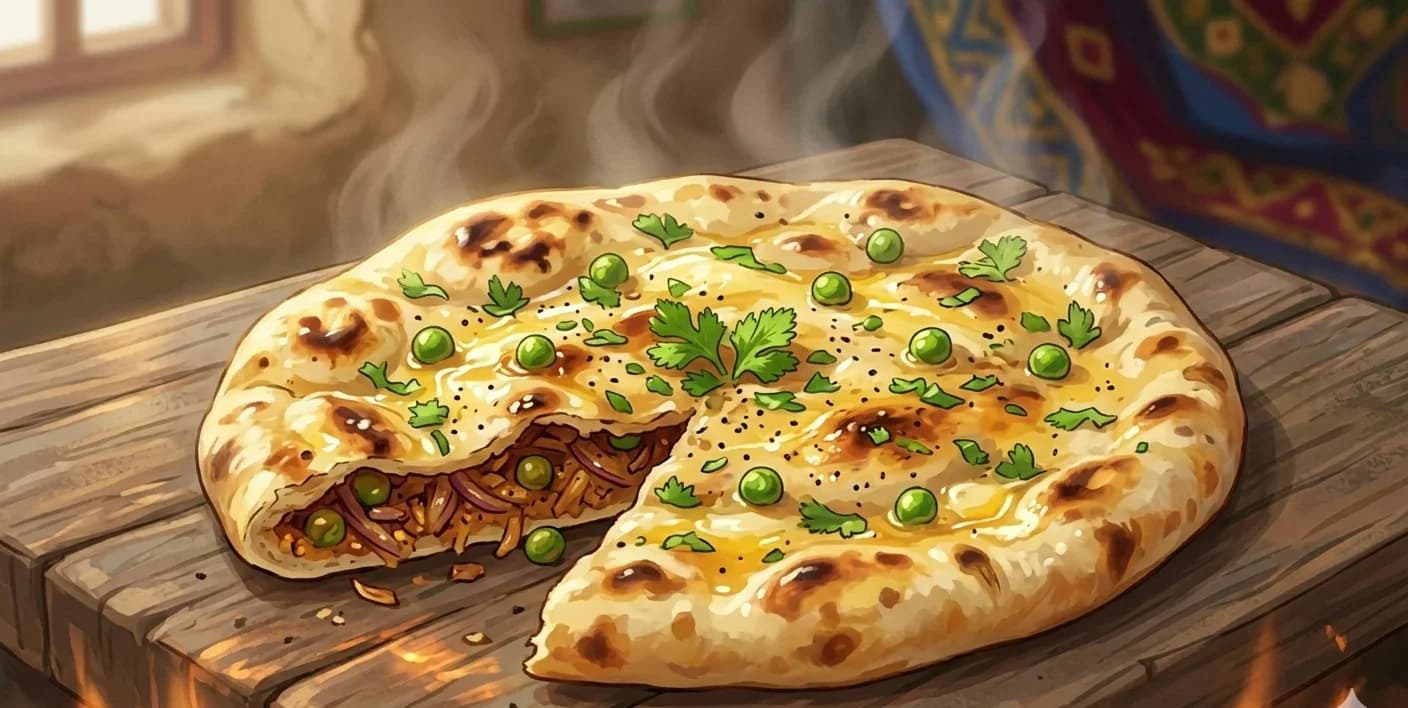Onion Kulcha — Leavened flatbread stuffed with spiced raw onion, green chilli and coriander — an Amritsari specialty baked in the tandoor