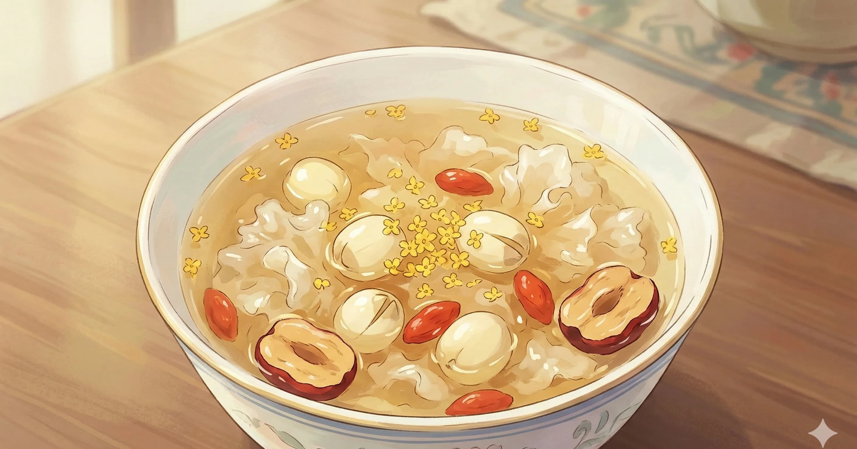 Gui Hua Gou Qi Tang (Osmanthus Sweet Soup) — A light, fragrant dessert soup of osmanthus flowers, goji berries, and lotus seeds