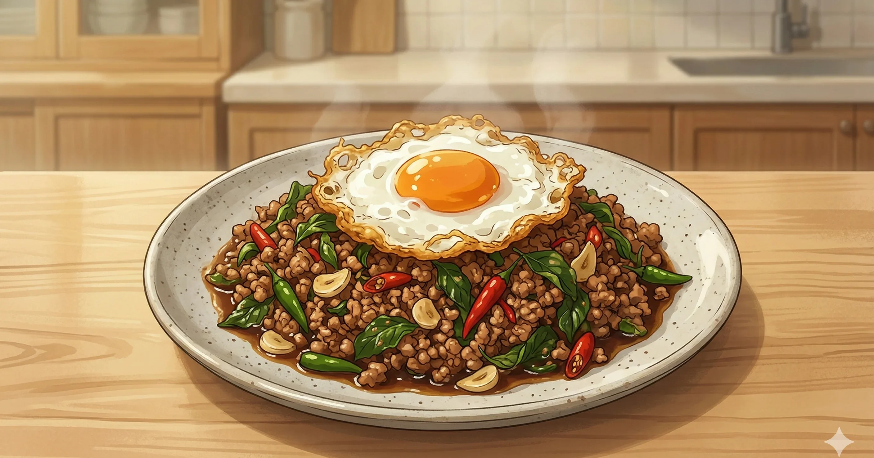Pad Kra Pao Moo (ผัดกระเพราหมู) — Fiery minced pork stir-fried with holy basil, garlic, and chilies, served over rice with a crispy fried egg