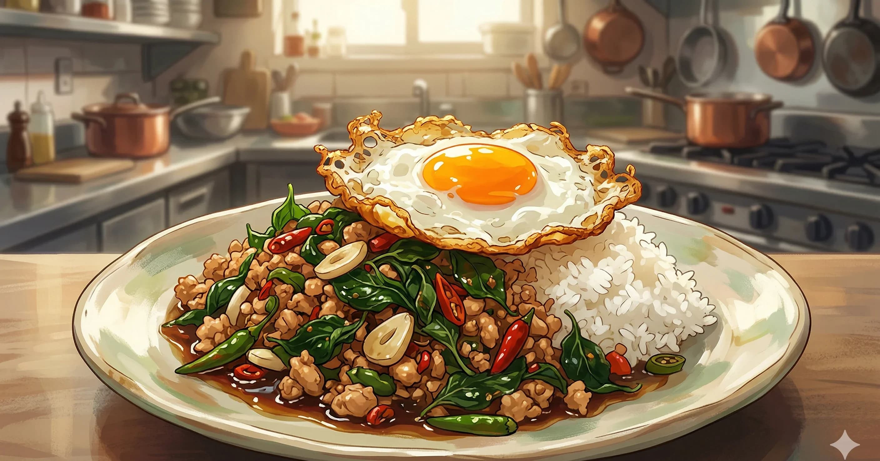 Pad Kra Pao Gai (Holy Basil Chicken Stir-Fry) — Thailand's beloved street-food stir-fry of coarsely ground chicken, pounded chili-garlic paste, and holy basil, served over rice with a crispy fried egg
