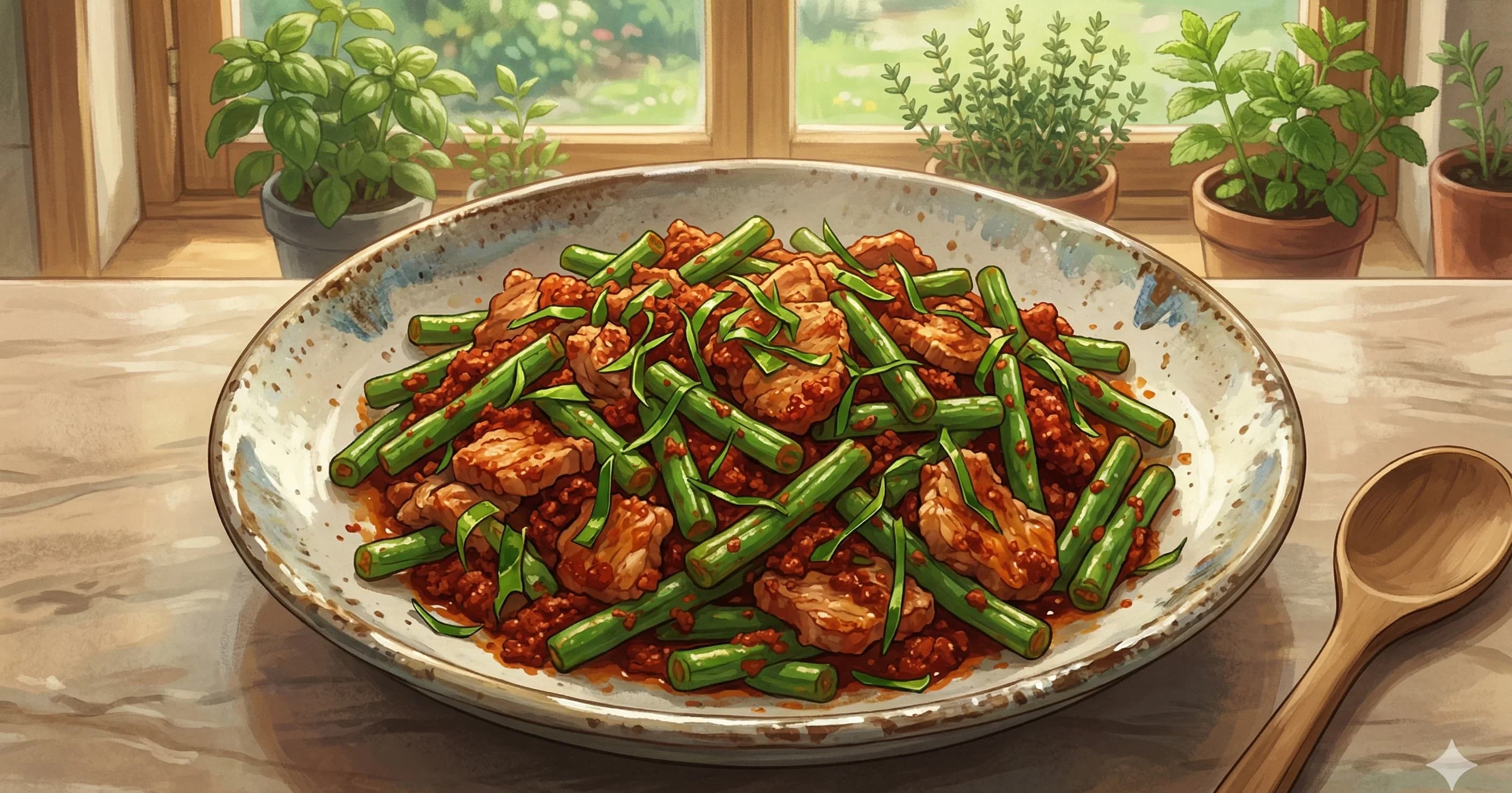 Pad Prik King (ผัดพริกขิง) — Dry-fried green beans and protein in a fiery, fragrant red curry paste with makrut lime leaves