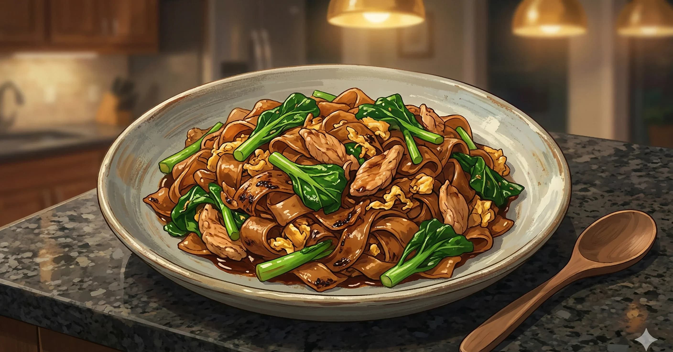 Pad See Ew (ผัดซีอิ๊ว) — Smoky charred wide rice noodles with chicken, Chinese broccoli, and a sweet soy glaze
