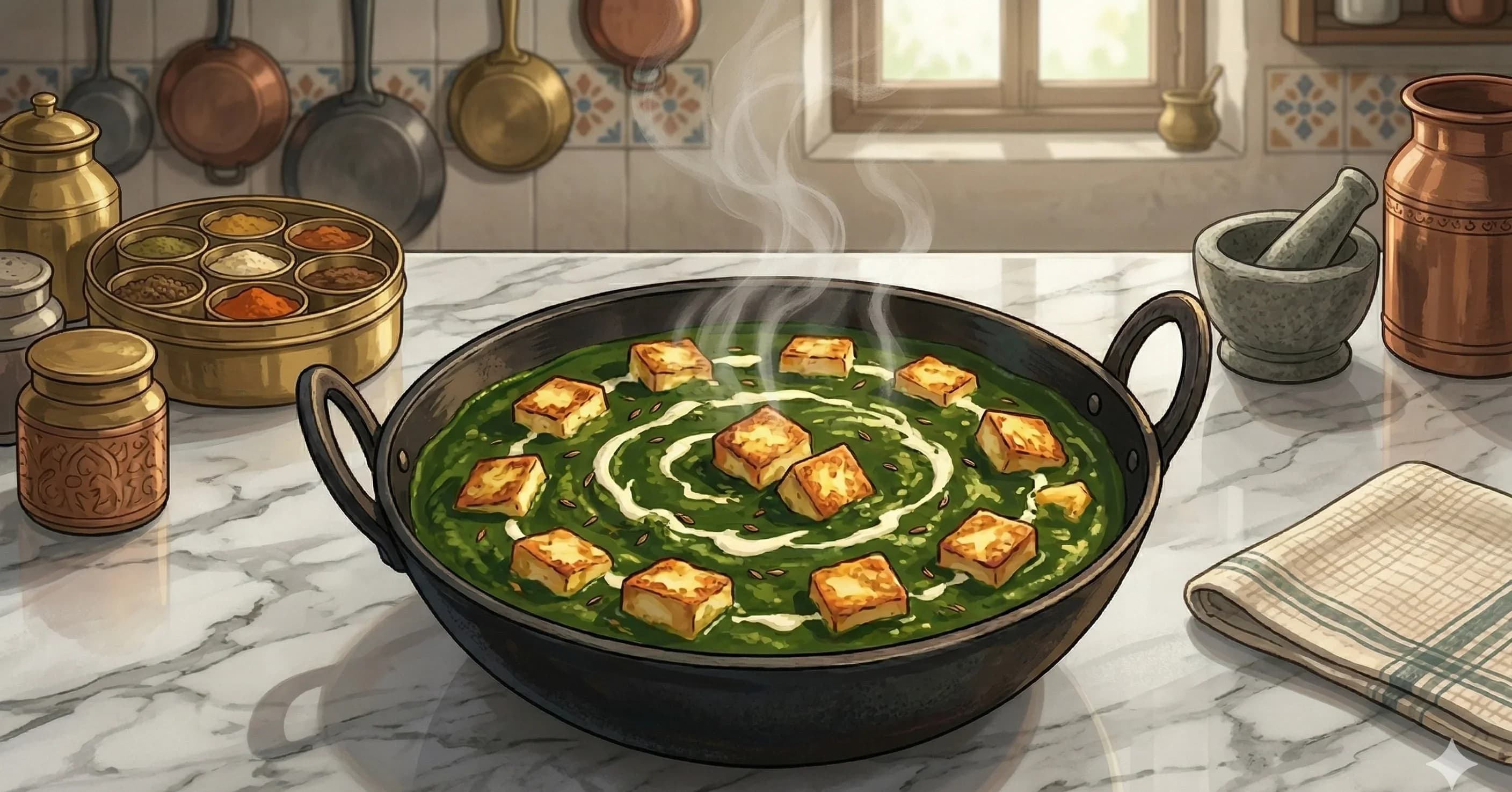 Palak Paneer — A generous amount of spinach pressure-cooked with ginger, pureed, and simmered with a cumin-coriander base, loaded with ghee-fried paneer and finished with kasuri methi