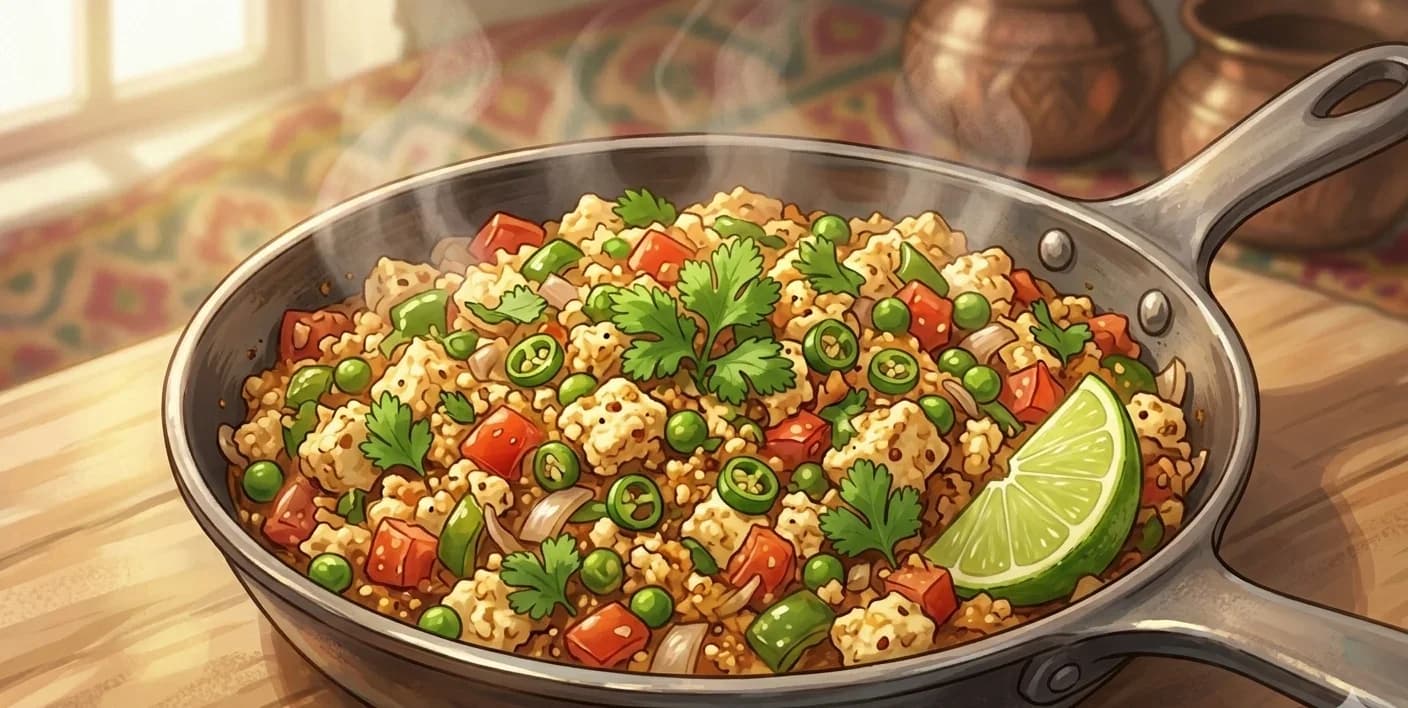 Paneer Bhurji — Crumbled paneer scrambled with onions, tomatoes, and green chillies