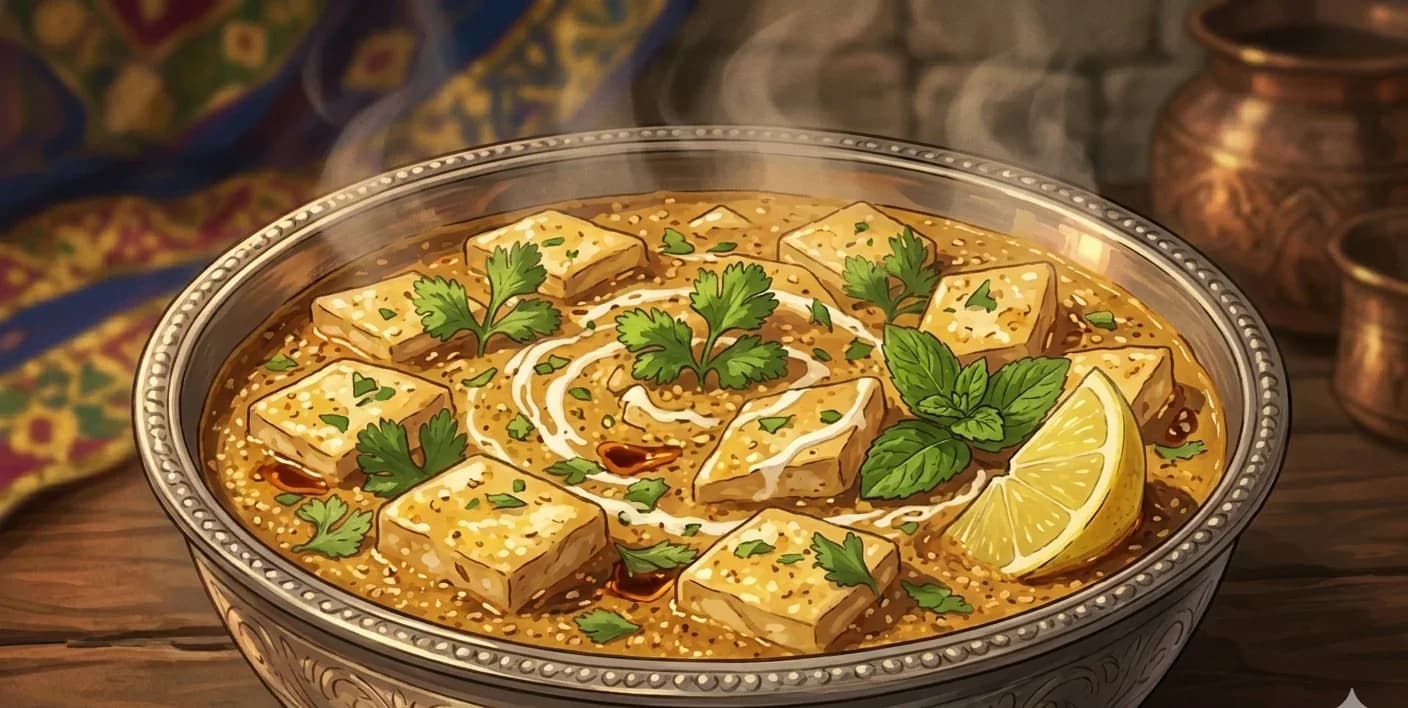 Paneer Kundan Kaliyan — Diamond-cut paneer in a golden, saffron-touched Awadhi gravy of cashews and fenugreek