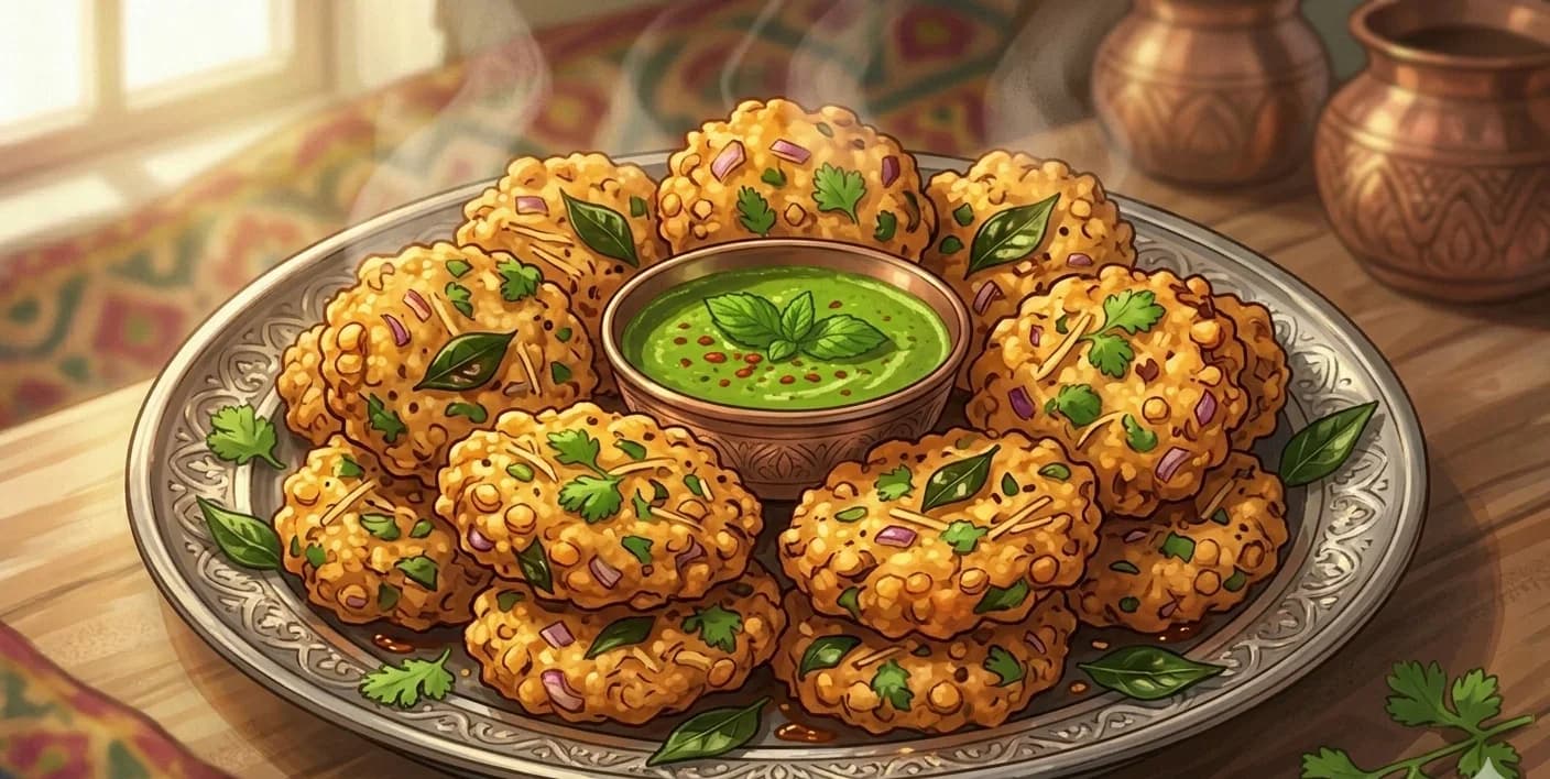 Buñuelos de Lenteja (Parrupu Vada) — Fritters de chana dal de Tamil Nadu — dal remojado y molido groseramente con semillas de hinojo, cebolla y chile verde, fritos hasta quedar profundamente crujientes