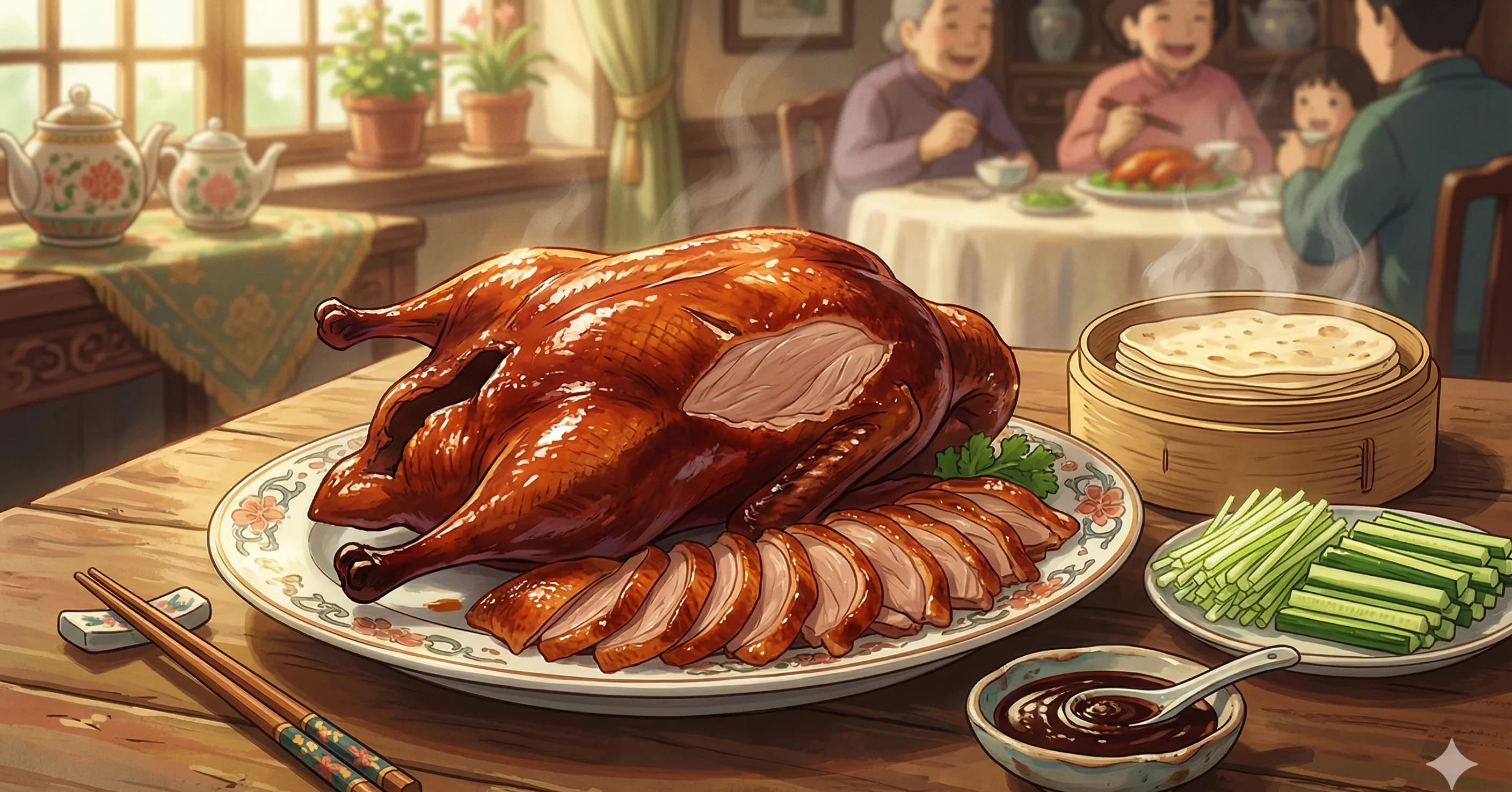 Peking Duck — The imperial roast duck with lacquered skin, served with thin pancakes and sweet bean sauce