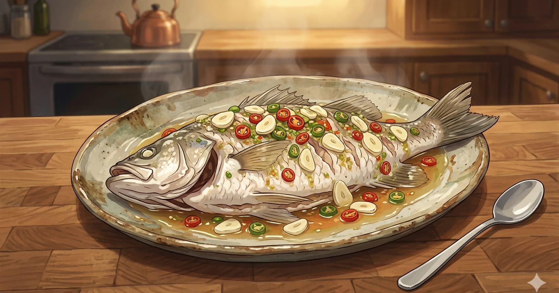 Steamed Fish with Lime (Pla Nueng Manao) — Thai steamed fish with lime, garlic, and chili sauce
