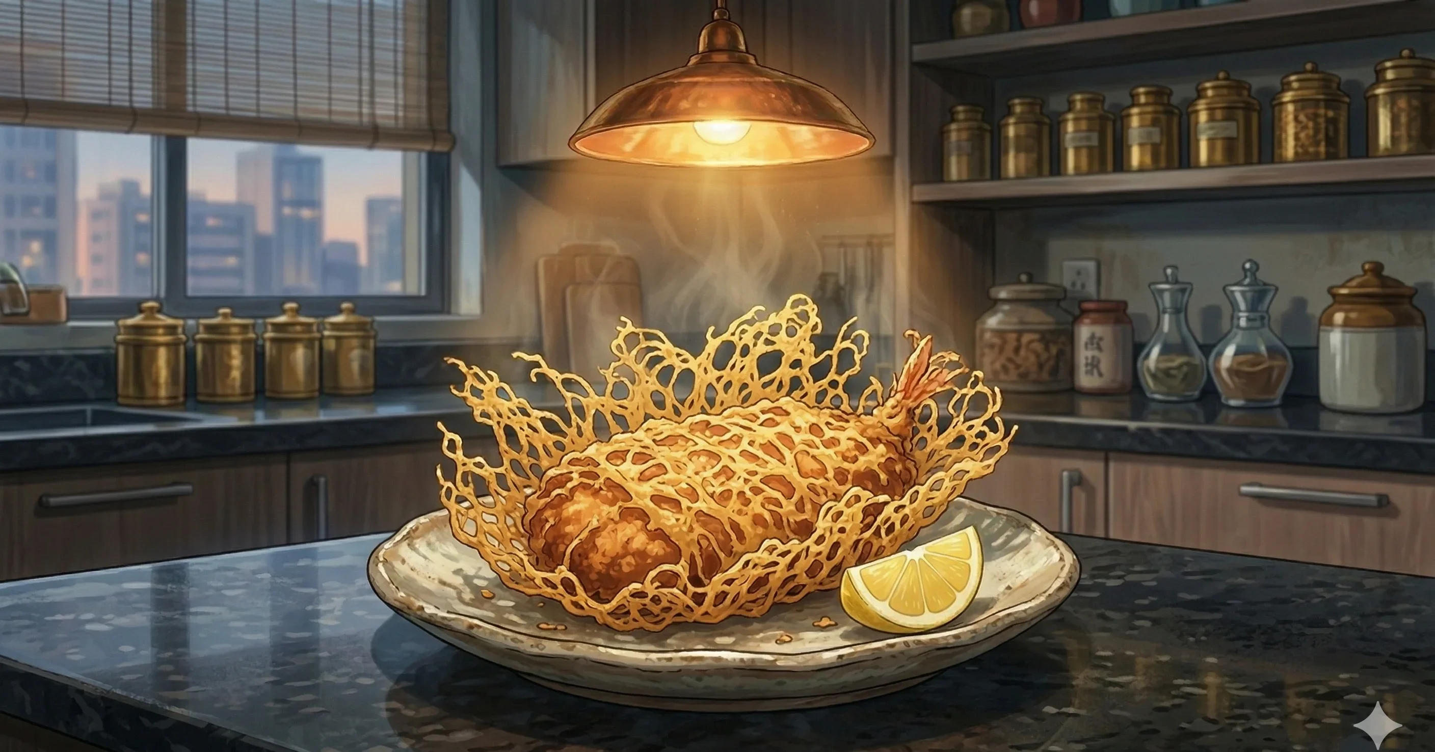 Prawn Kabiraji Cutlet — Calcutta's Anglo-Indian jewel — prawns encased in a golden lacy egg net