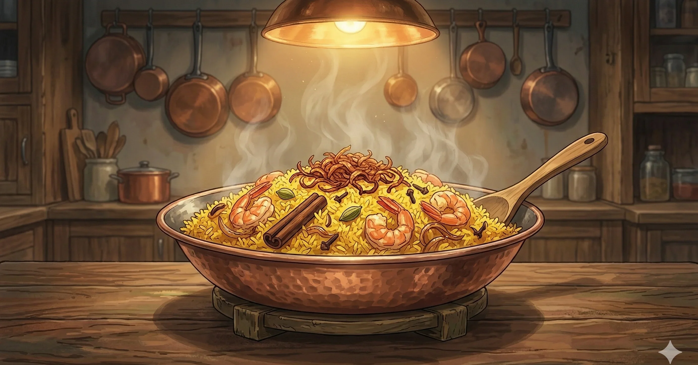 Prawn Pulao — Goan basmati rice cooked in prawn stock with tomato and whole spices