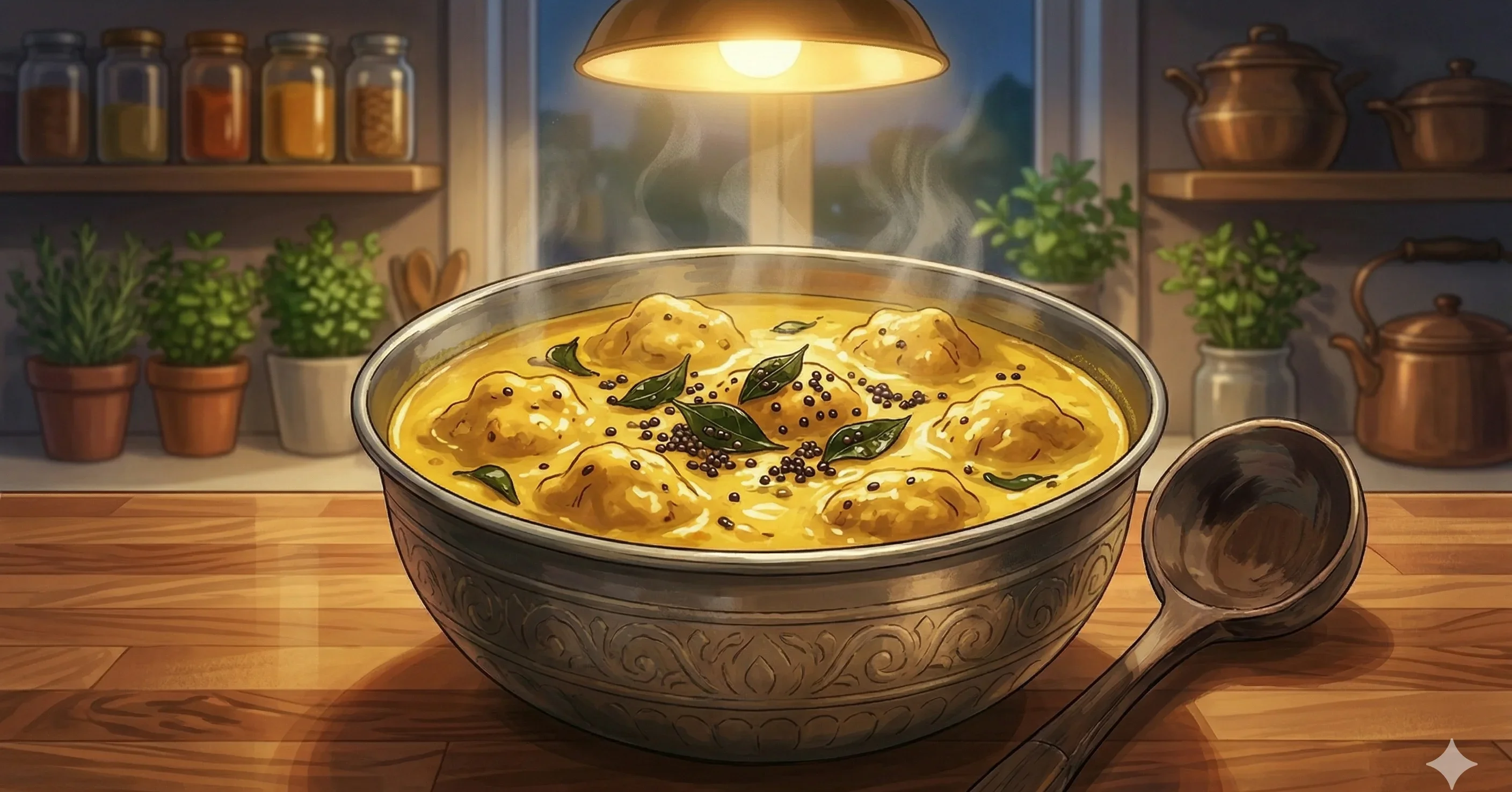 Punjabi Kadhi — Tangy yoghurt and gram flour curry with spiced spinach pakodas