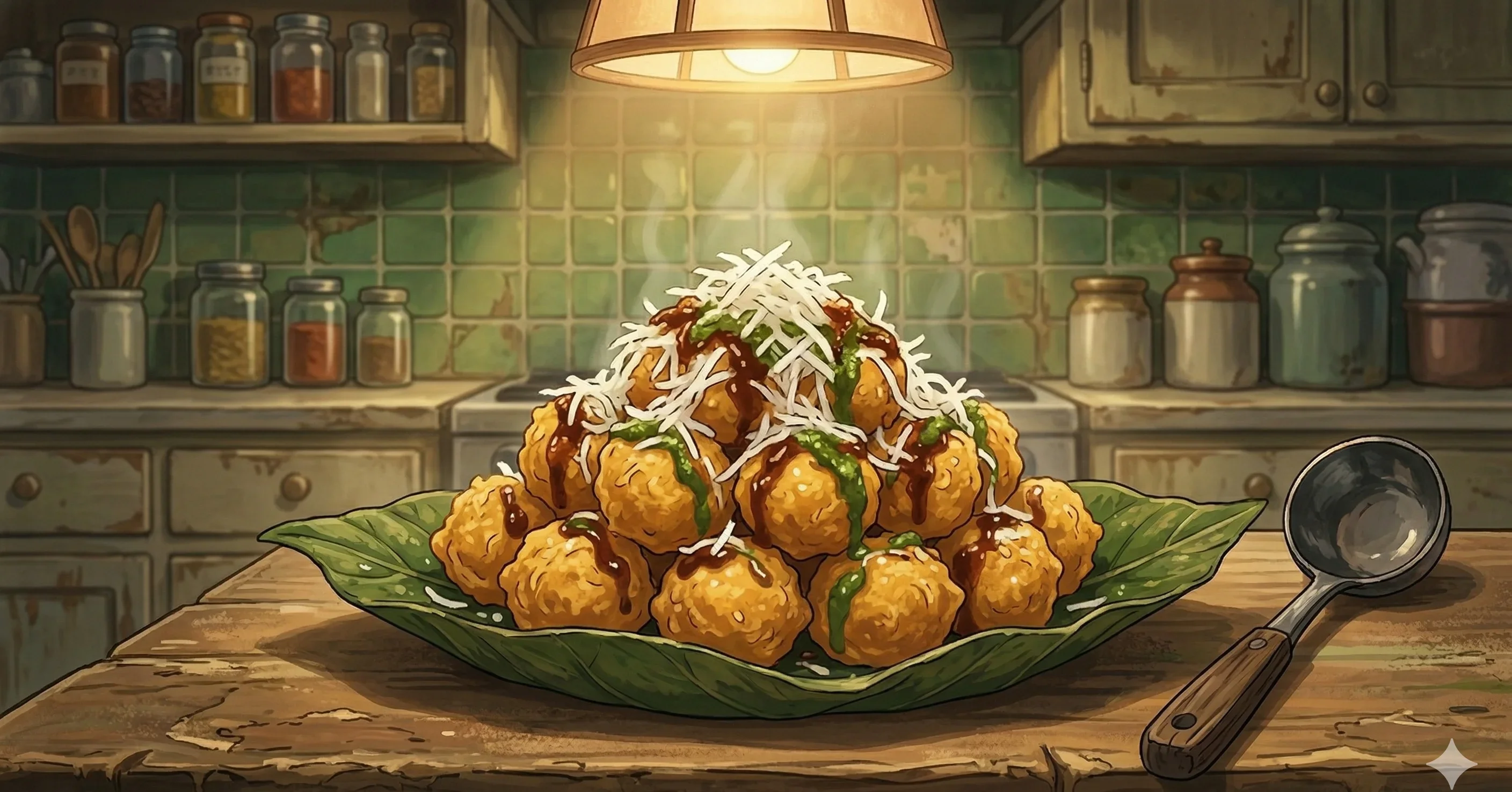 Moong Dal Fritters (Ram Ladoo) — Delhi's moong dal fritters served over grated radish with mint chutney and tamarind