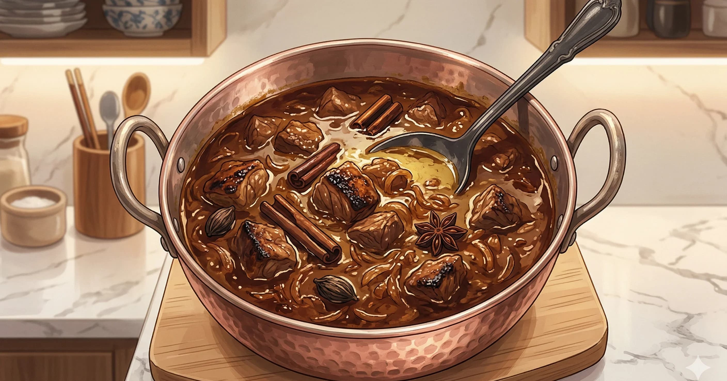 Semi-Dry Spiced Mutton (Rarha Gosht) — Lamb cooked three ways — boti, chops, and naali — in a deep spiced masala