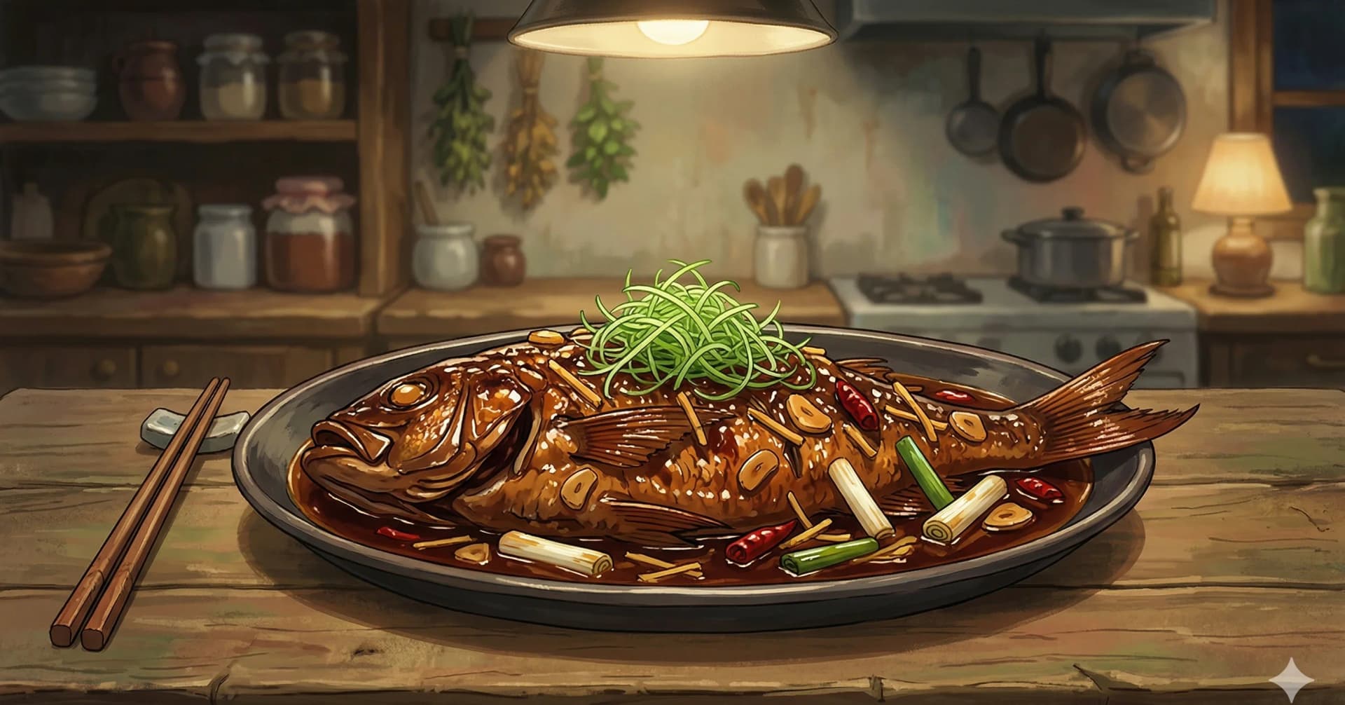 Hong Shao Yu (Red Braised Fish) — A whole fish braised in a rich soy-sugar sauce with ginger, scallions, and a touch of vinegar