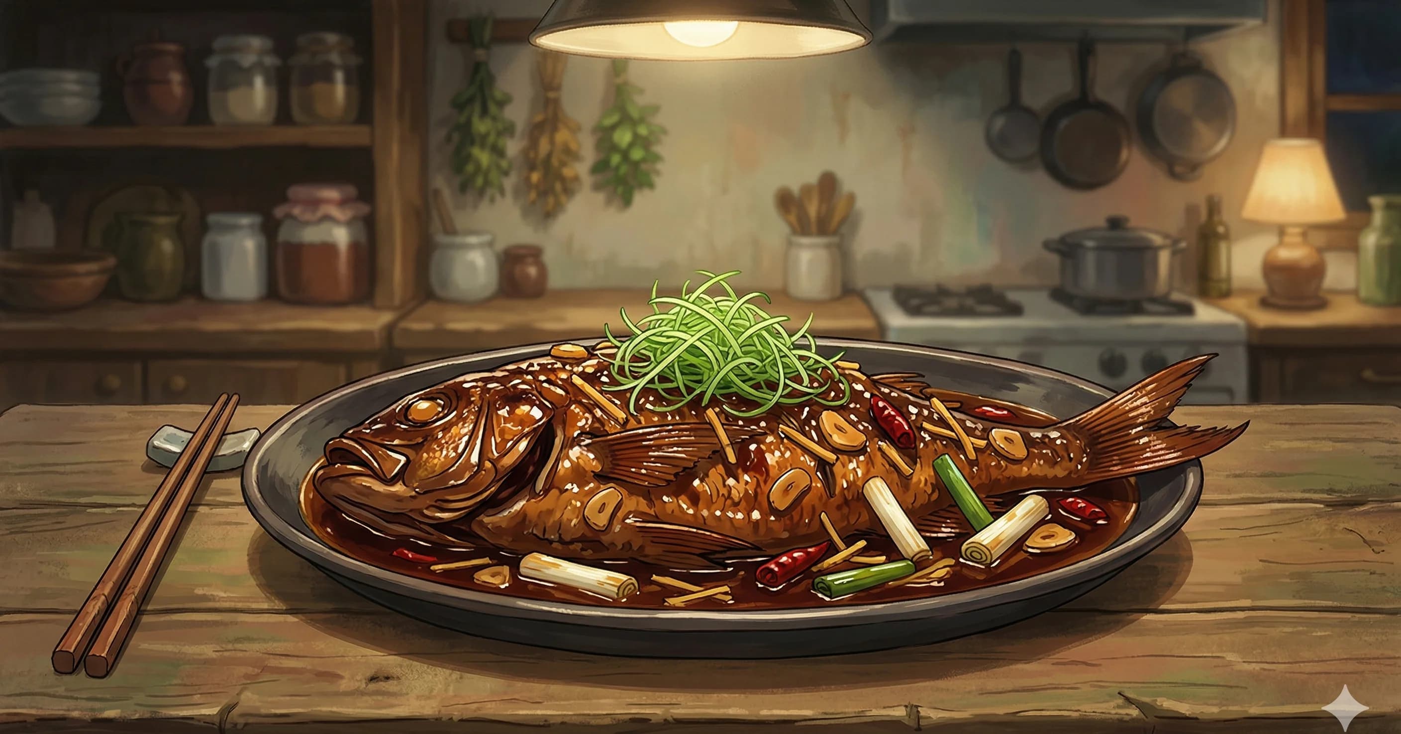 Hong Shao Yu (Red Braised Fish) — A whole fish braised in a rich soy-sugar sauce with ginger, scallions, and a touch of vinegar