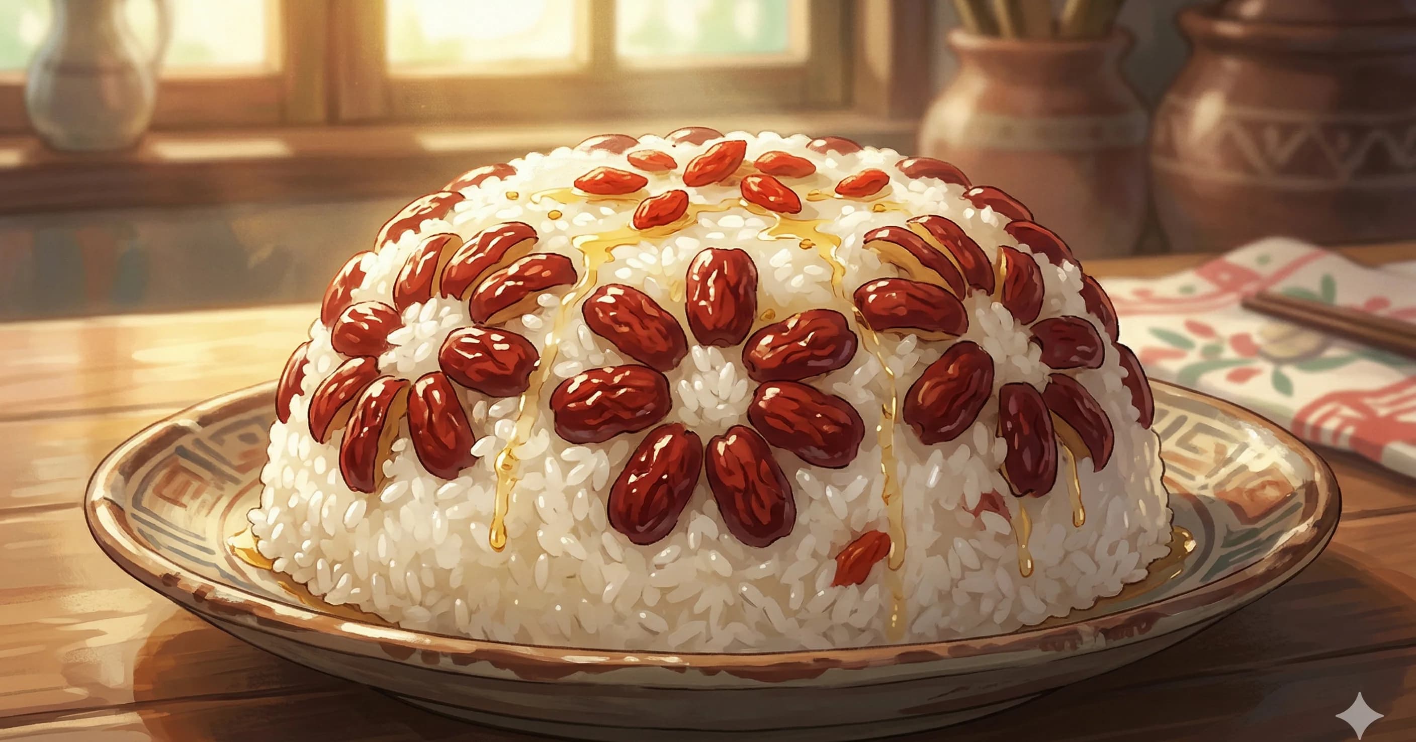 Hong Zao Mi Fan (Red Date Sticky Rice) — Sweet glutinous rice studded with red dates and steamed until tender and fragrant