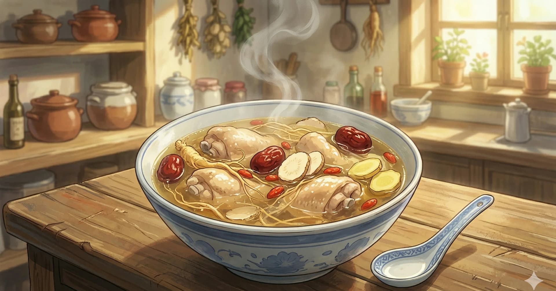 Ren Shen Ji Tang (Ginseng Chicken Soup) — A quietly powerful broth where ginseng root infuses chicken with its bittersweet warmth and uplifting fragrance