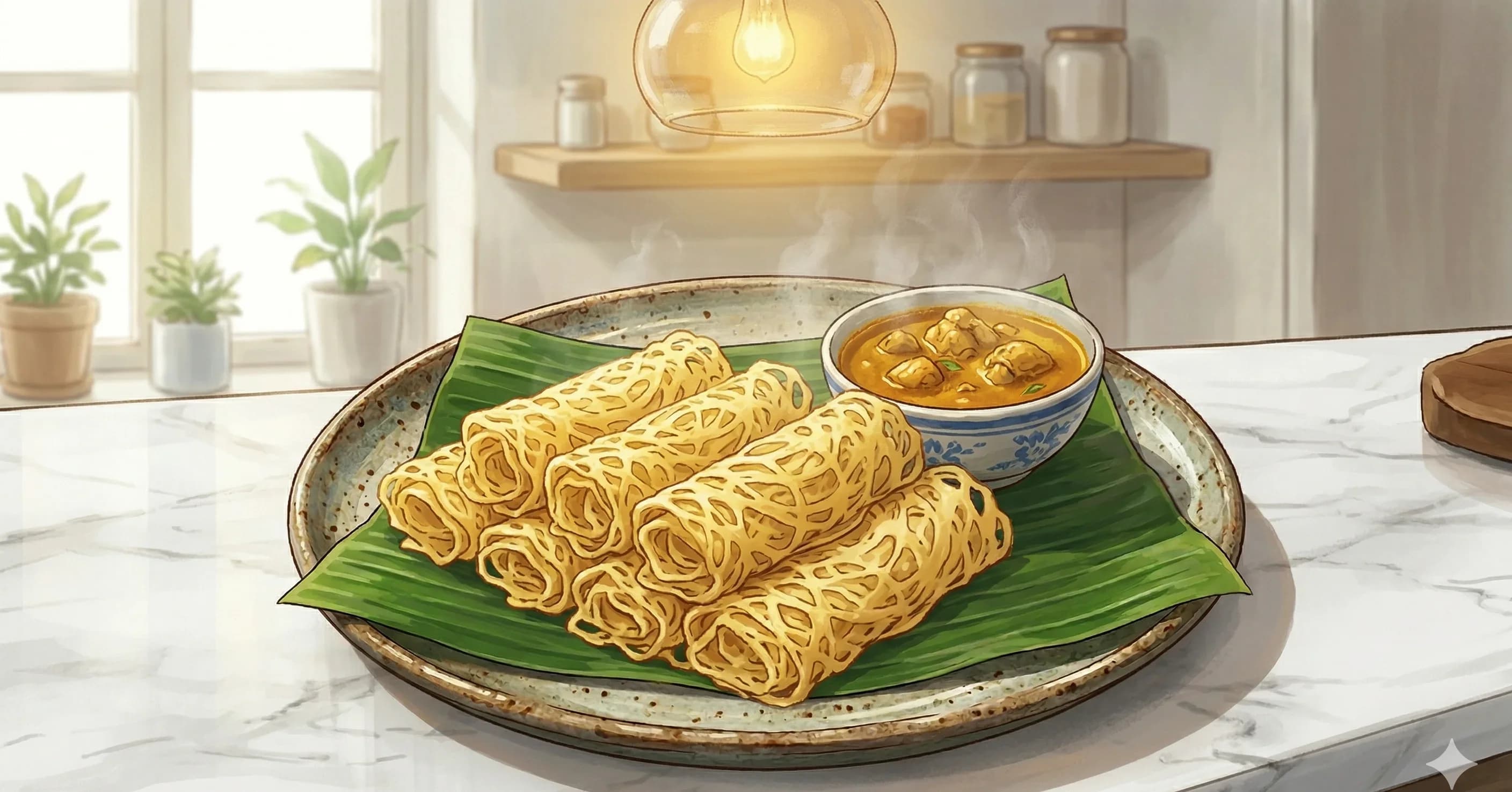 Lacy Net Crepes (Roti Jala) — Lacy turmeric net crepes folded into soft parcels for dipping in curry