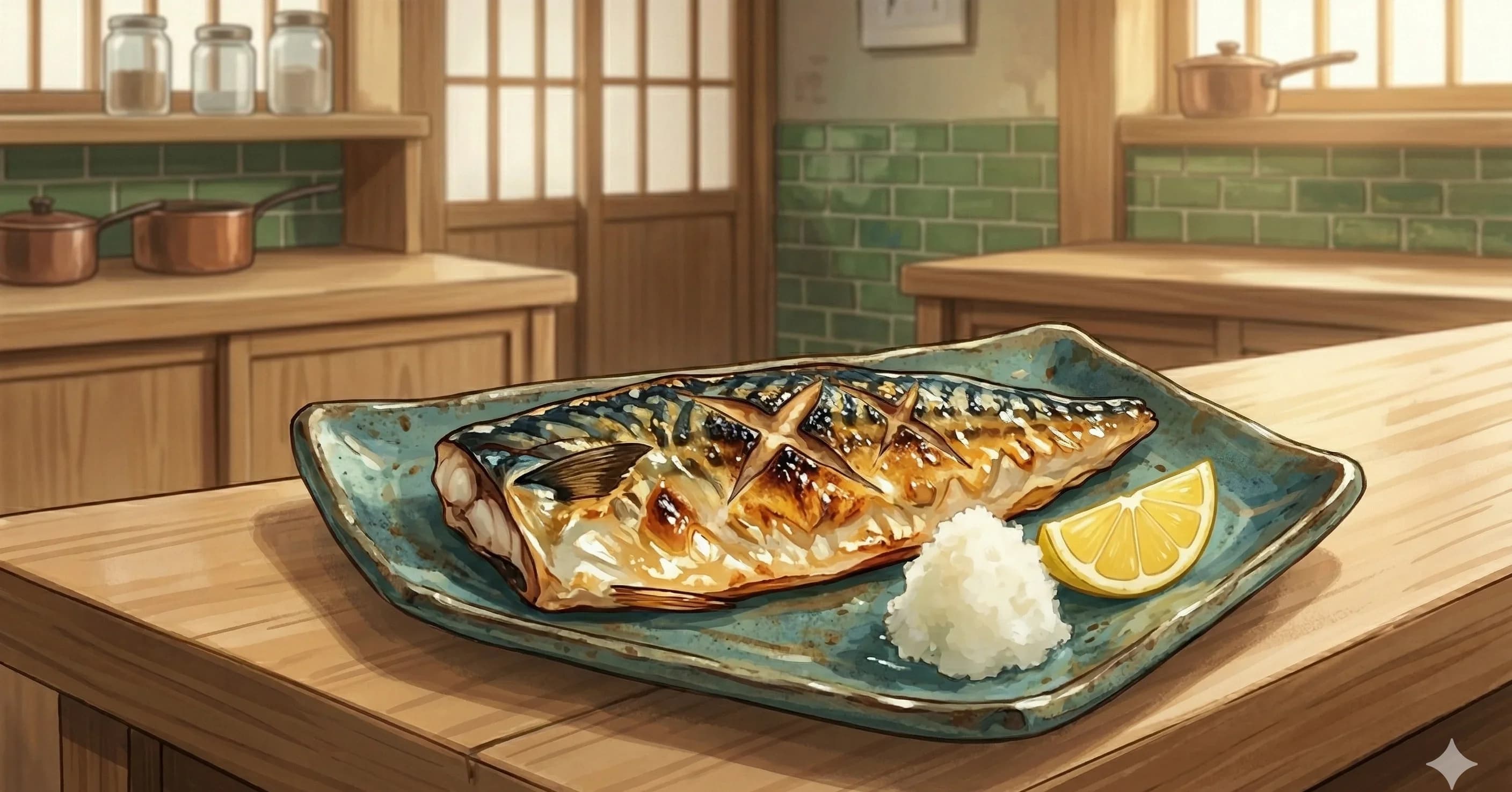Saba Shioyaki (Salt-Grilled Mackerel) — Whole mackerel fillets seasoned with nothing more than sake and salt, then grilled until the skin blisters and the rich flesh turns golden